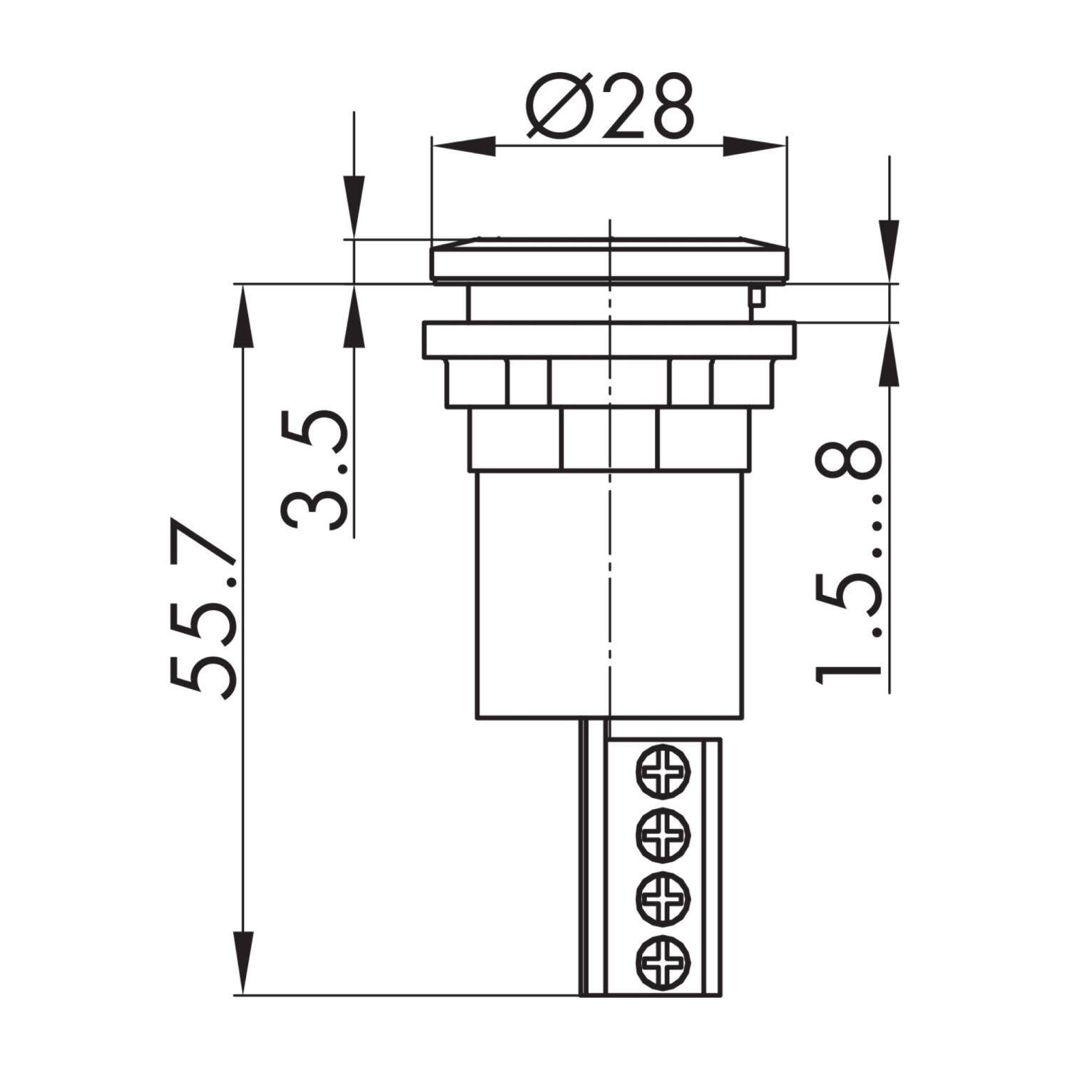 Technische Zeichnung einer zylindrischen Komponente mit beschrifteten Abmessungen: Durchmesser 28 mm, Höhe 55,7 mm, zusätzliche Höhen 3,5 mm und 1,5-8 mm.