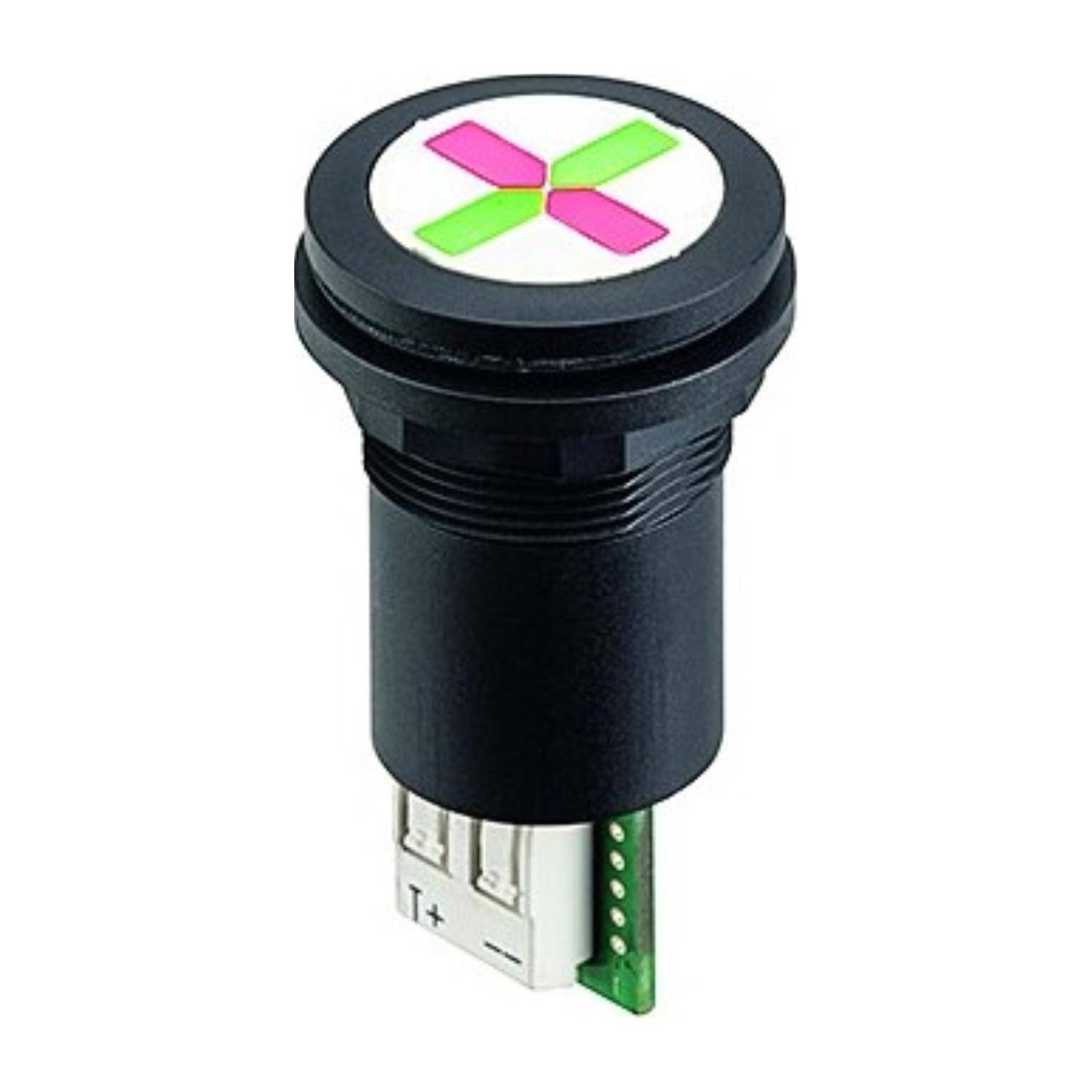 Schwarzer industrieller Kontrollschalter mit grünem und rosa X-ähnlichem Symbol auf der Oberseite, verwendet für Maschinen- oder Geräteoberflächen.