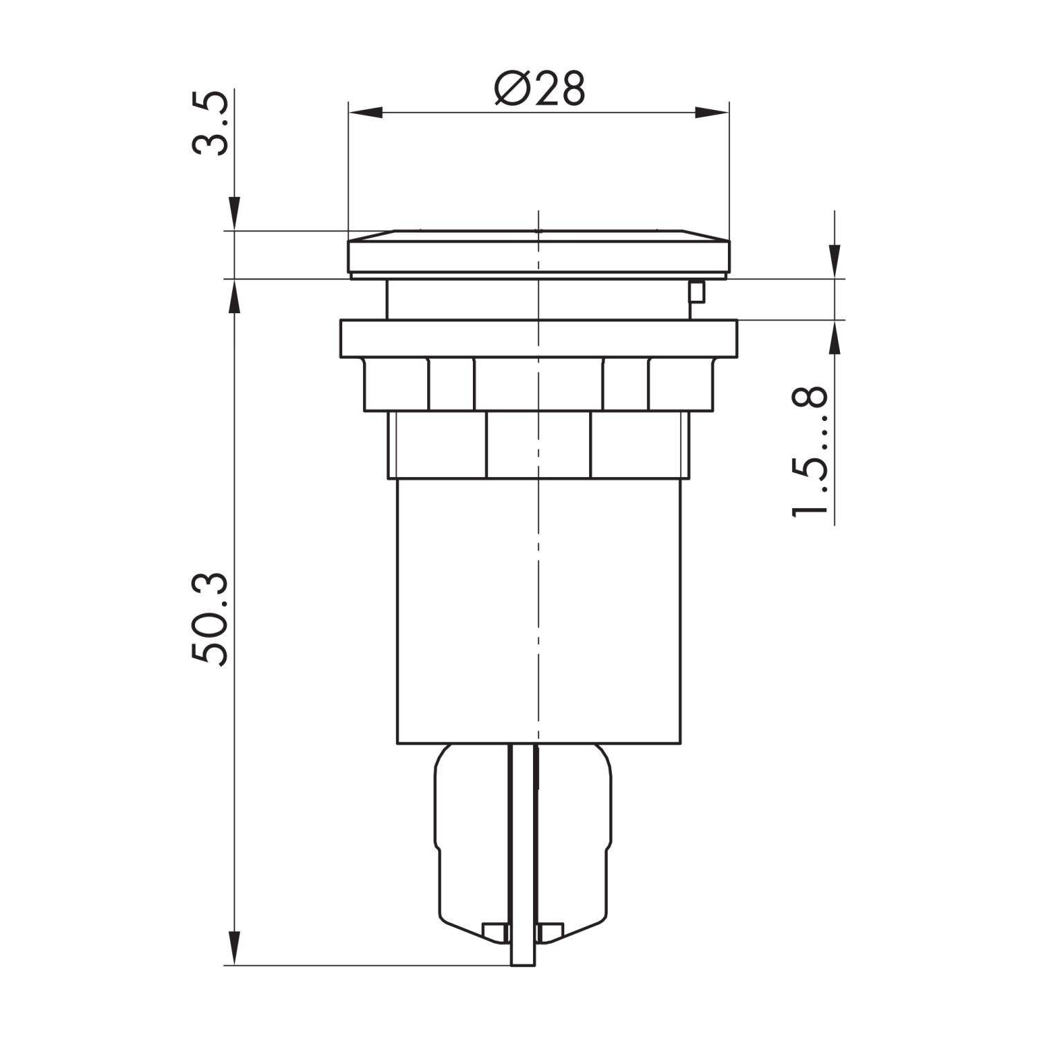 Diagramm einer zylindrischen Komponente mit Abmessungen: Durchmesser 28 mm, Höhe 50,3 mm. Zusätzliche Markierungen zeigen verschiedene Maße.