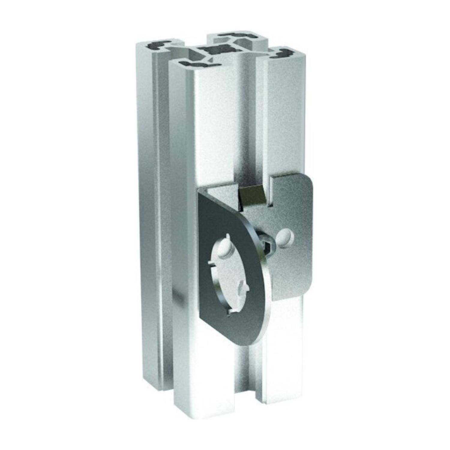 Eine silberne Metallhalterung mit einer flachen, rechteckigen Form weist zwei vertikale Schlitze zur Unterstützung oder Befestigung auf.