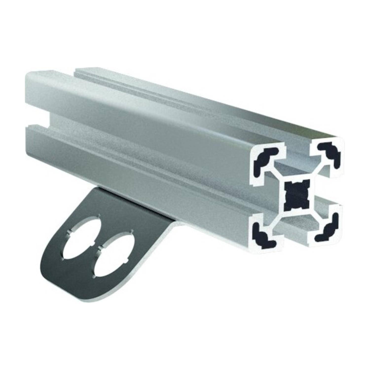 Aluminium-T-Nut-Profil mit angebrachtem Befestigungsbügel, typischerweise verwendet für den Bau modularer Rahmen oder Gehäuse.
