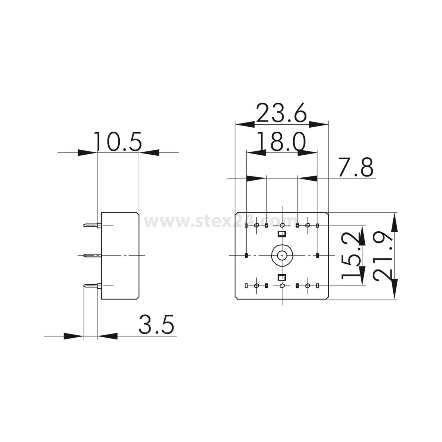 Diagramm mit Komponentenabmessungen: 23,6 x 18,0 mm von vorne, 15,2 x 21,9 mm von der Seite. Seitenansicht misst 10,5 mm Tiefe, 3,5 mm Stifthöhe.