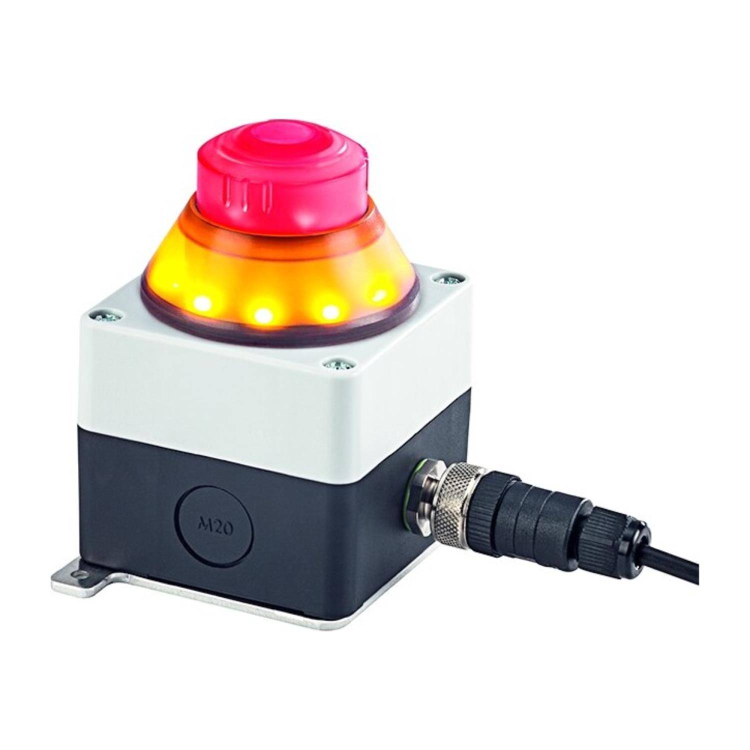 Not-Aus-Schalter mit einer roten Kappe und Kontrollleuchten auf einer montierten Basis, mit einem angeschlossenen Kabel auf der rechten Seite.