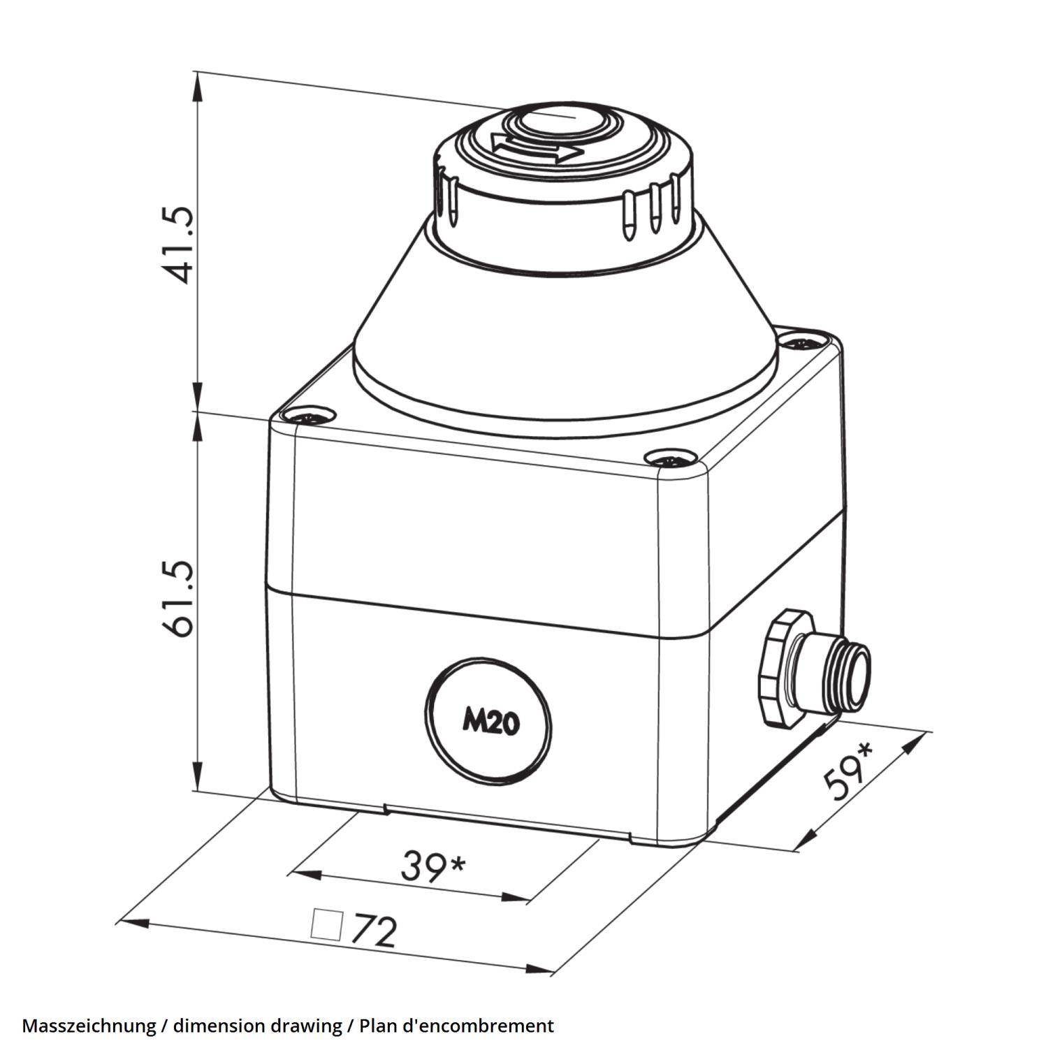 Diagramm eines Geräts mit der Bezeichnung 'M20' mit Abmessungen: Höhe 41,5, Breite 59, Tiefe 72 und zusätzliche Abschnittshöhe 61,5. Enthält seitlichen Knopf.