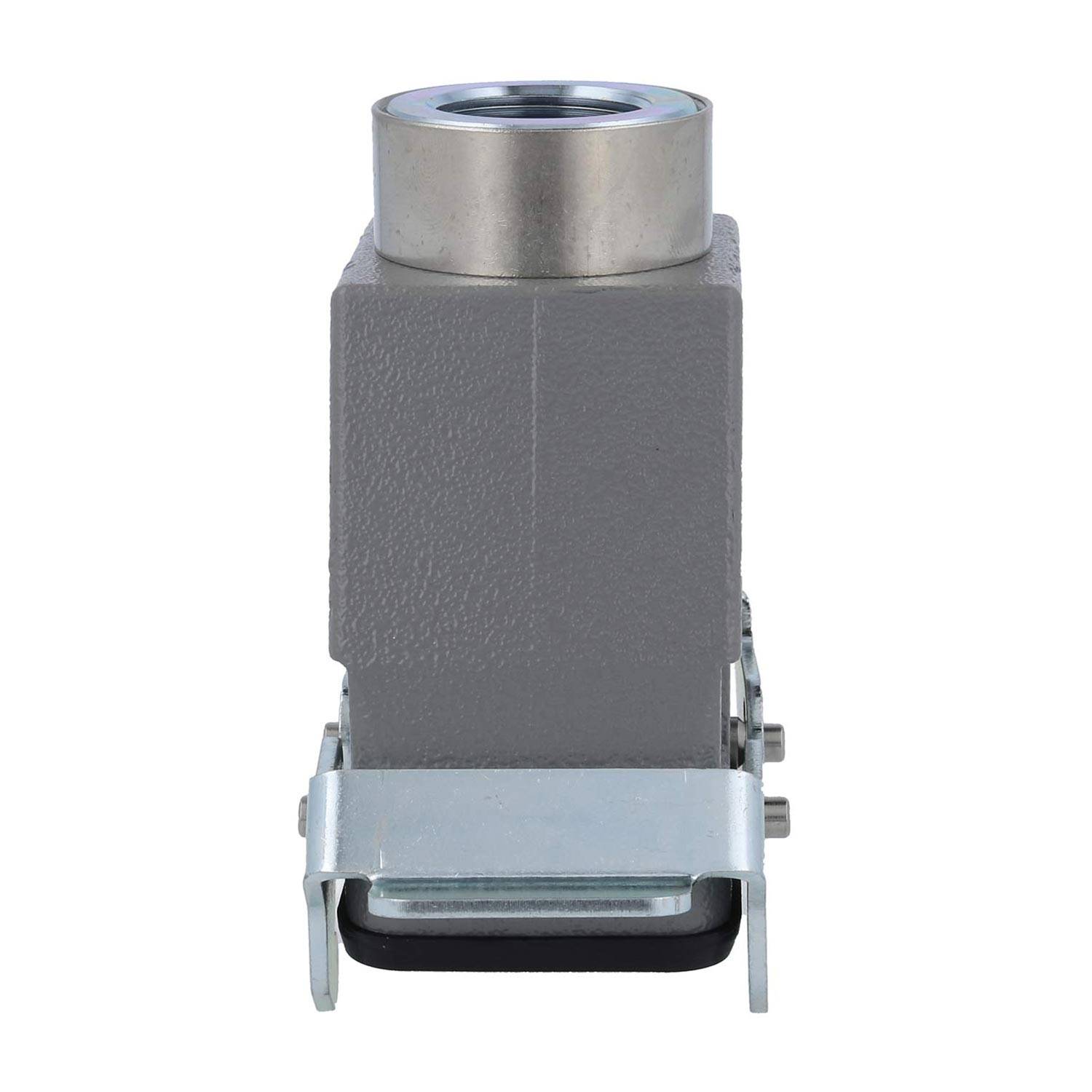 Eine quadratische, graue Industriekomponente mit einer metallischen Oberseite und einem Metallbügel an der Basis, die zur Maschinenstützung oder -befestigung verwendet wird.