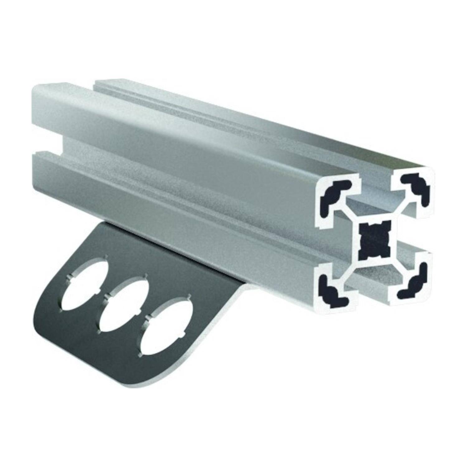 Aluminium-Extrusionsprofil mit T-Nuten und angebrachter Metallhalterung mit drei ovalen Löchern, verwendet zum Aufbau von Rahmen oder Strukturen.