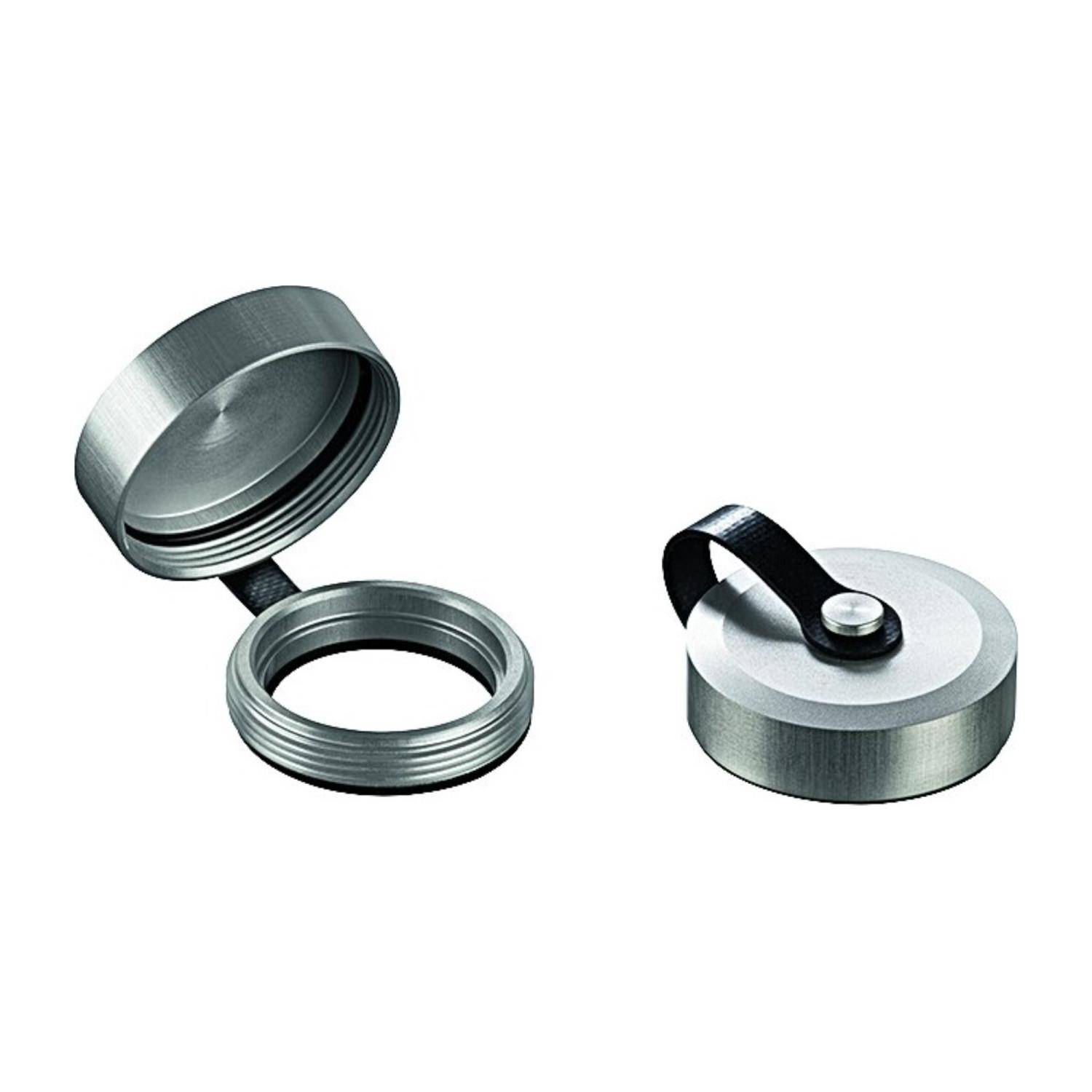 Eine Metallkappe mit einem schwarzen Riemen, sowohl geöffnet als auch geschlossen gezeigt, die zum Versiegeln und Sichern von Behältern verwendet wird.