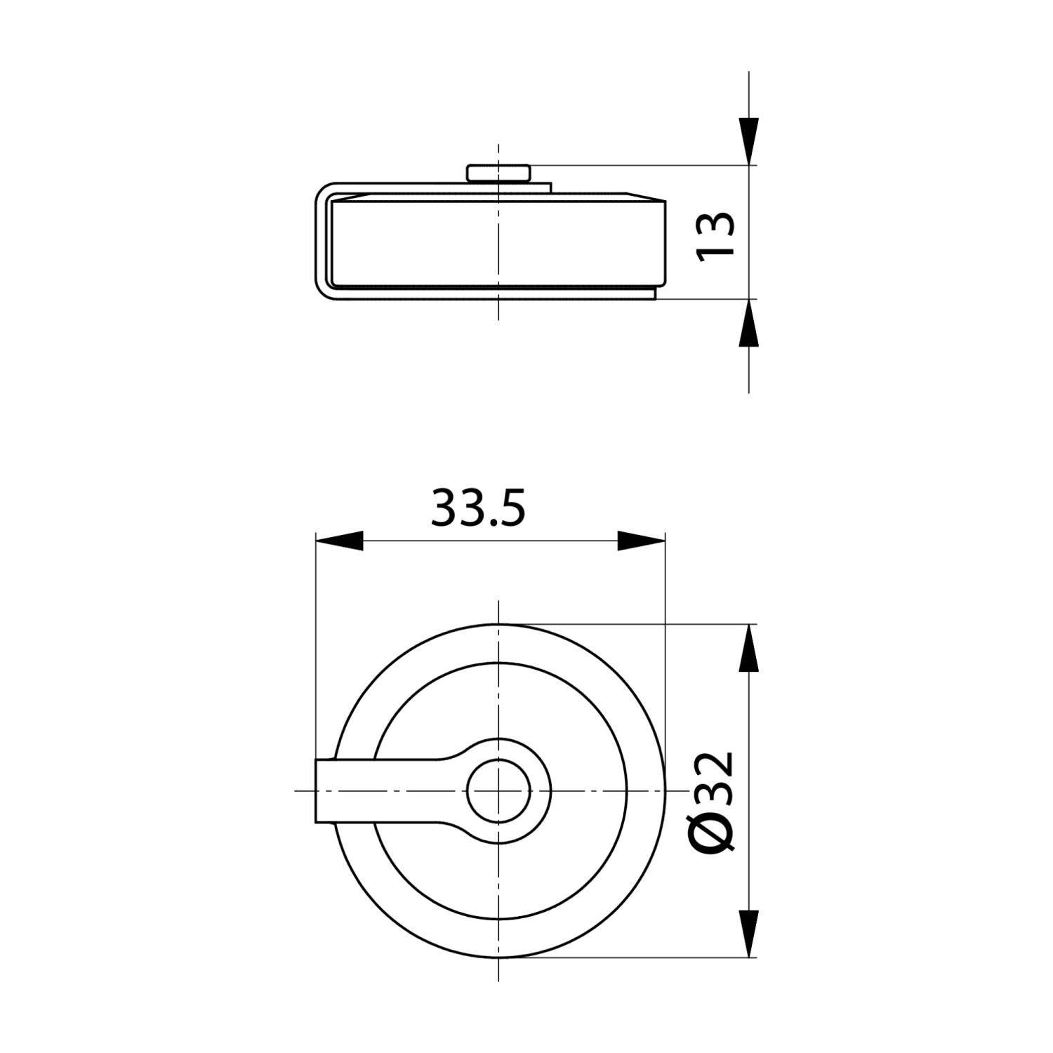 Technische Zeichnung mit Abmessungen eines runden Objekts: Seitenansicht-Höhe ist 13 mm; Draufsicht-Durchmesser ist 32 mm; Länge ist 33,5 mm.