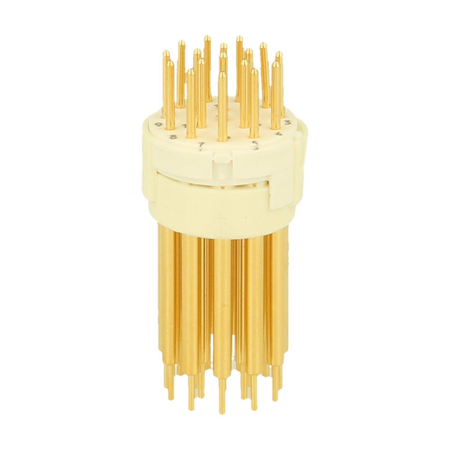 Ein zylindrisches Gerät mit mehreren Goldstiften, die von Ober- und Unterseite herausragen, das für elektronische Verbindungen oder Tests verwendet wird.