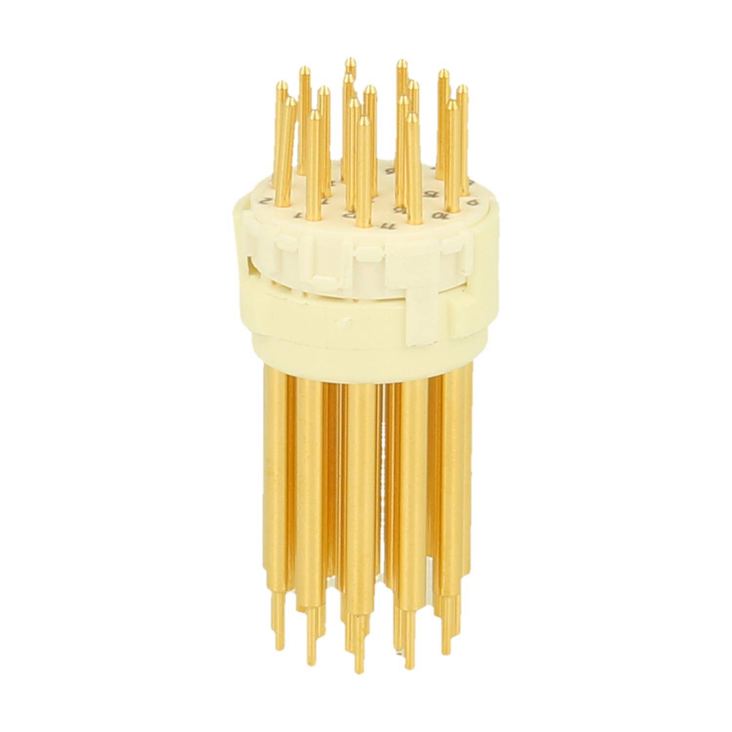 Vergoldeter kreisförmiger elektronischer Steckverbinder mit mehreren Kontakten und einer weißen Basis.
