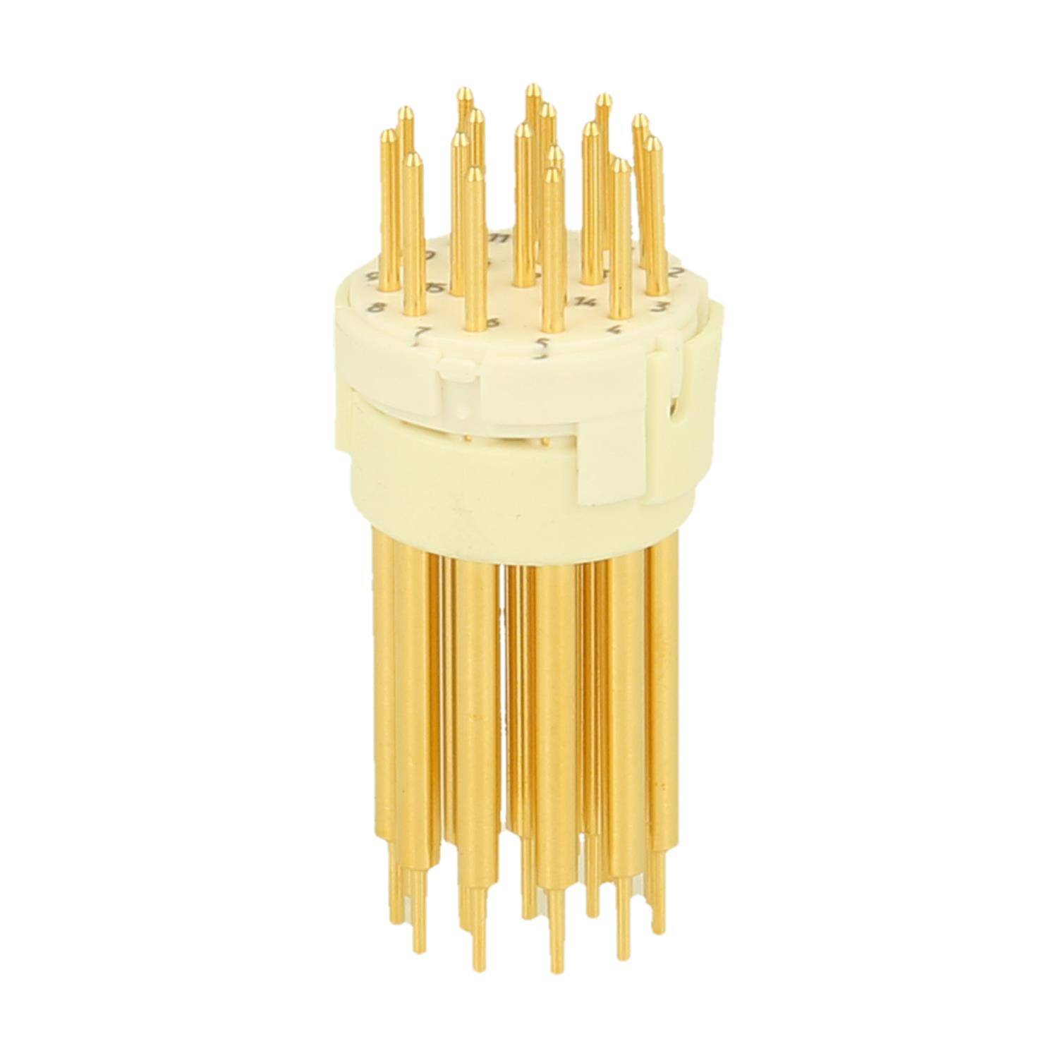 Eine Nahaufnahme einer vergoldeten Vakuumröhrenfassung mit mehreren Stiften, die in einem kreisförmigen Muster angeordnet sind und zum Anschließen von elektronischen Röhren verwendet wird.