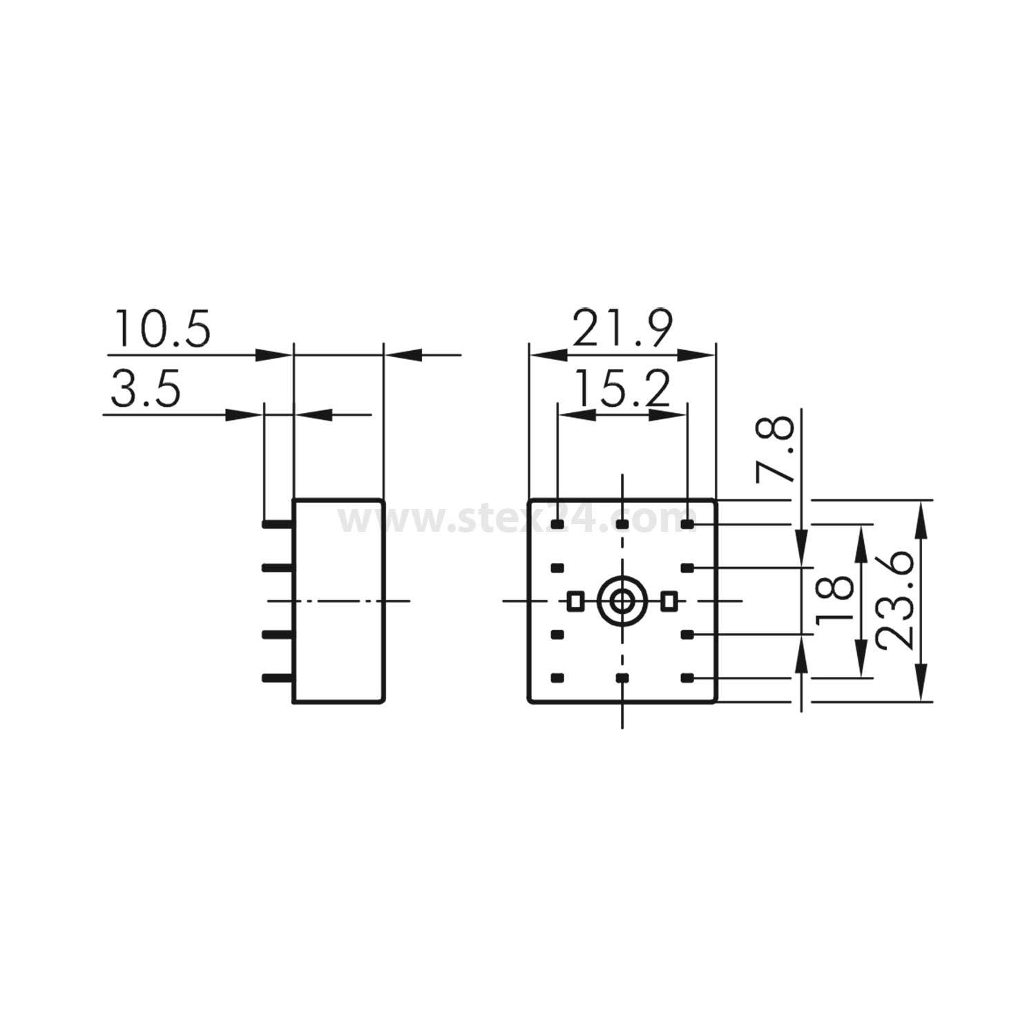 Diagramm einer rechteckigen elektronischen Komponente mit Seiten- und Frontansicht-Abmessungen: 10,5 mm Höhe, 21,9 mm Breite, 23,6 mm Tiefe.
