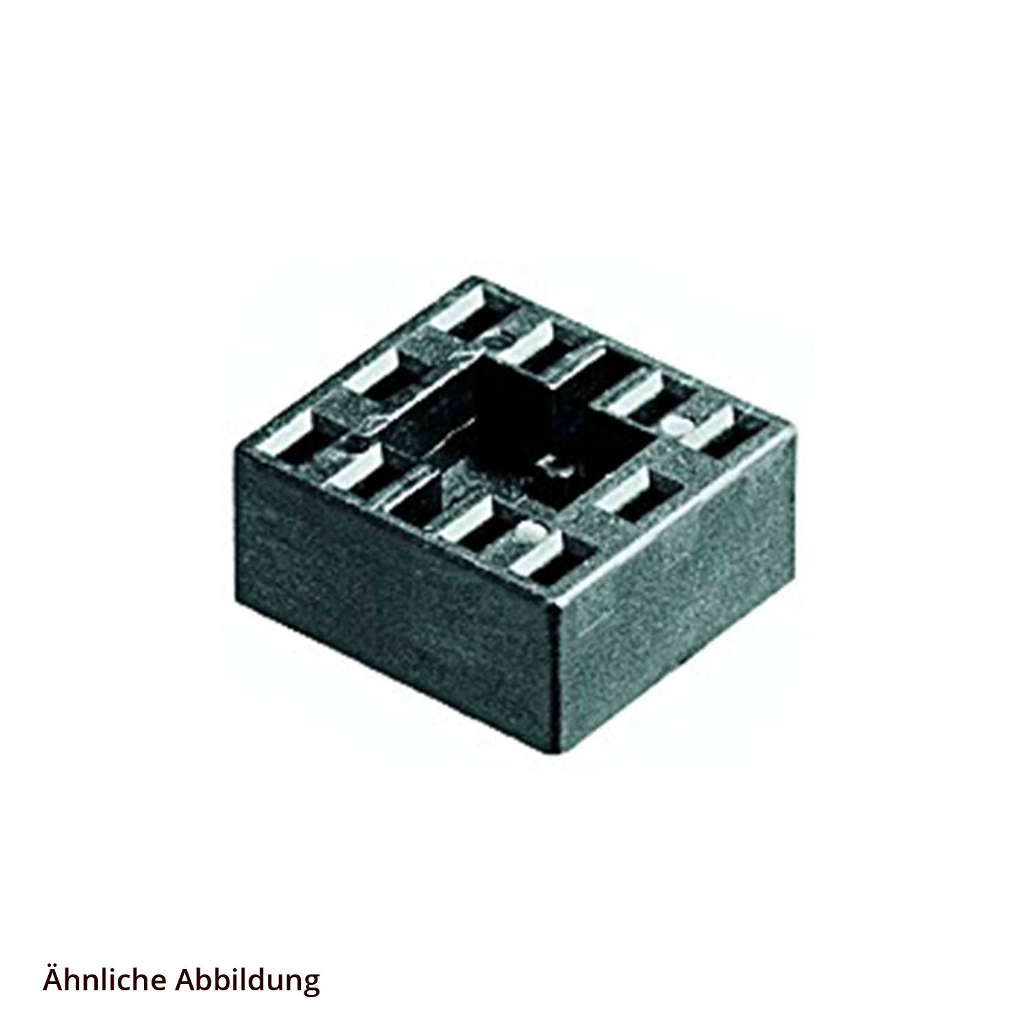 Ein rechteckiger elektronischer Bauteil mit acht Metallpins an der Unterseite, der zum Einbau von integrierten Schaltkreisen verwendet wird.