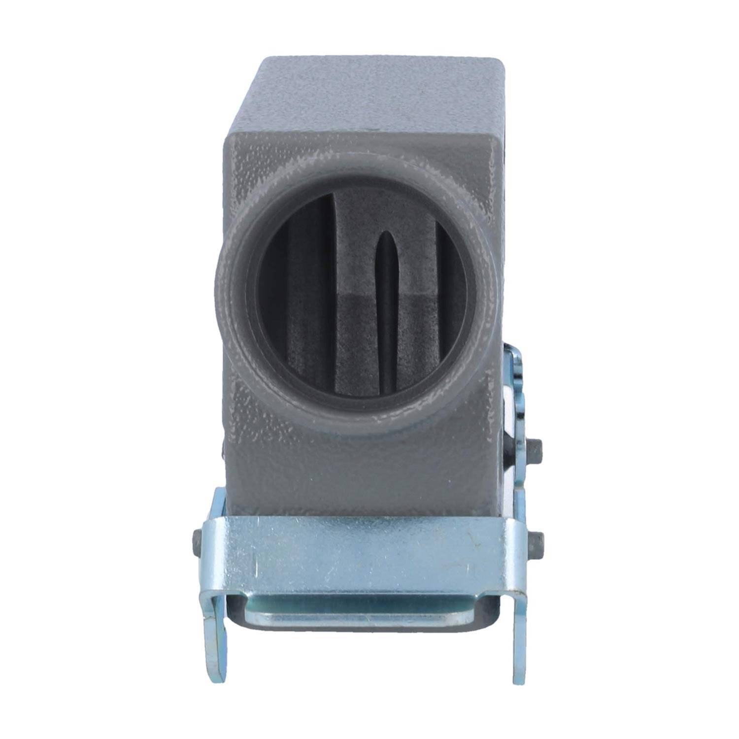 Das Bild zeigt eine graue industrielle Komponente mit einer kreisförmigen Öffnung und Rippen im Inneren, die auf einer Metallhalterung montiert ist.