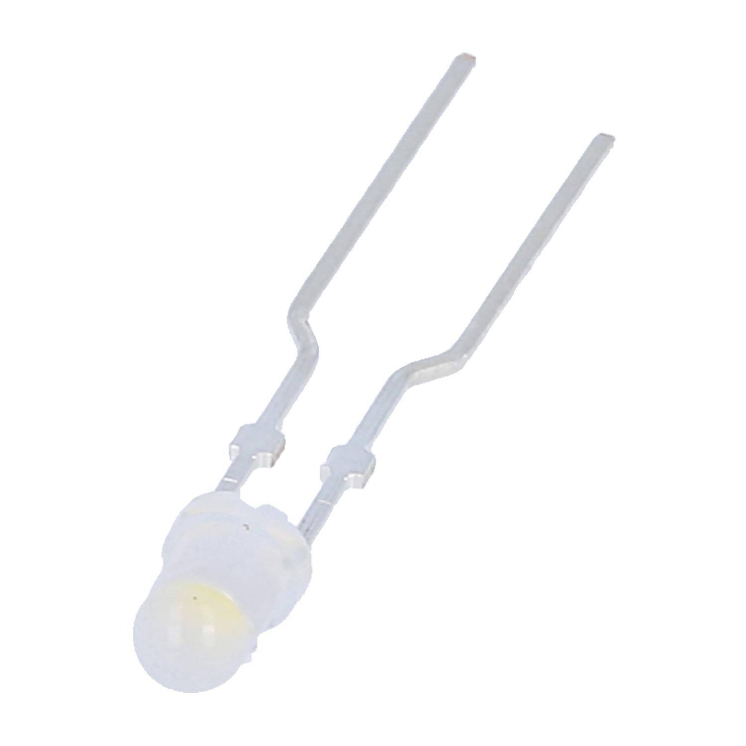 Ein Nahaufnahme-Bild einer einzelnen LED (Leuchtdiode) mit sichtbaren Anoden- und Kathodenanschlüssen, vor einem weißen Hintergrund.