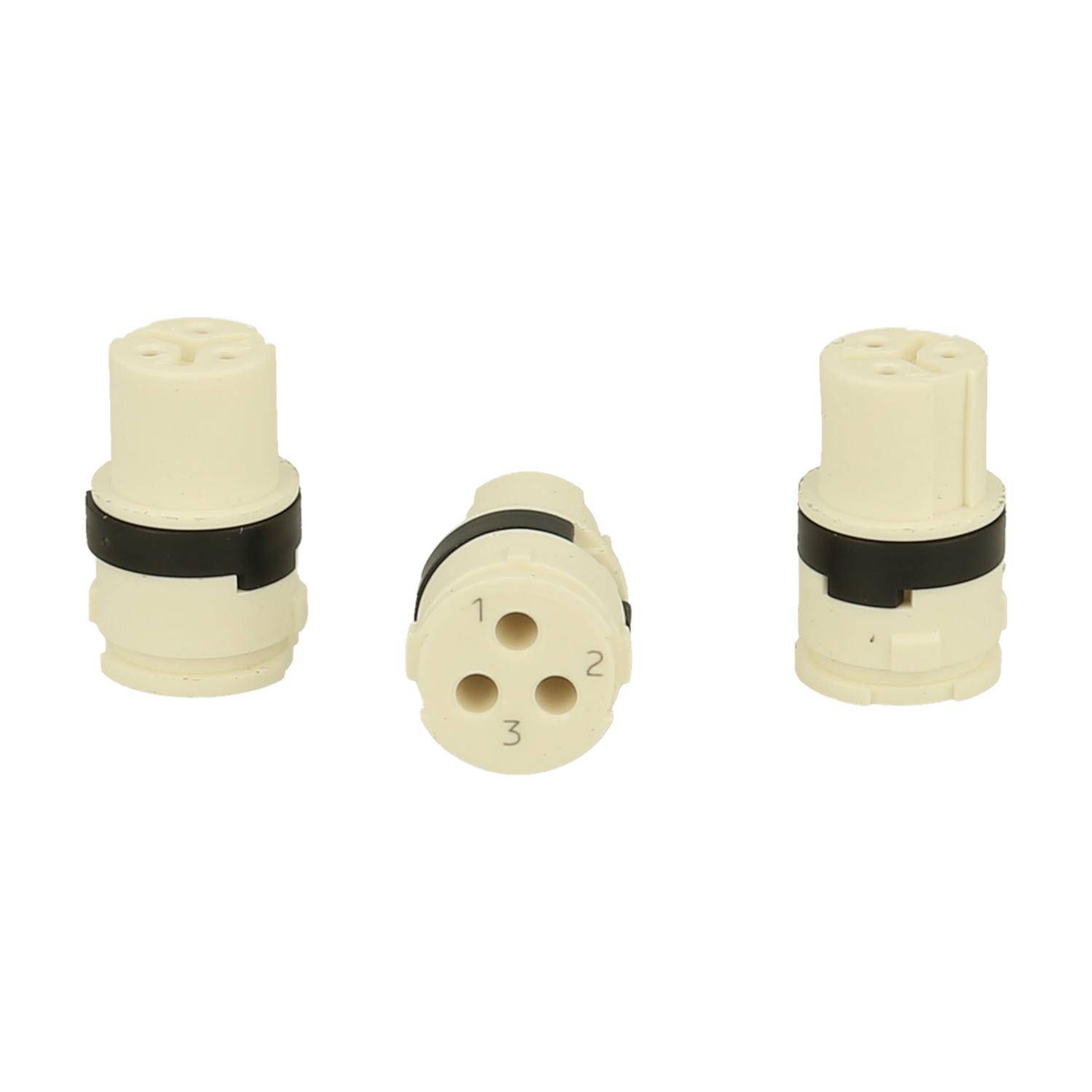 Drei beige zylindrische Steckverbinder mit jeweils drei Löchern, mit den Nummern 1 bis 3 beschriftet und mit einem schwarzen Band in der Mitte versehen.
