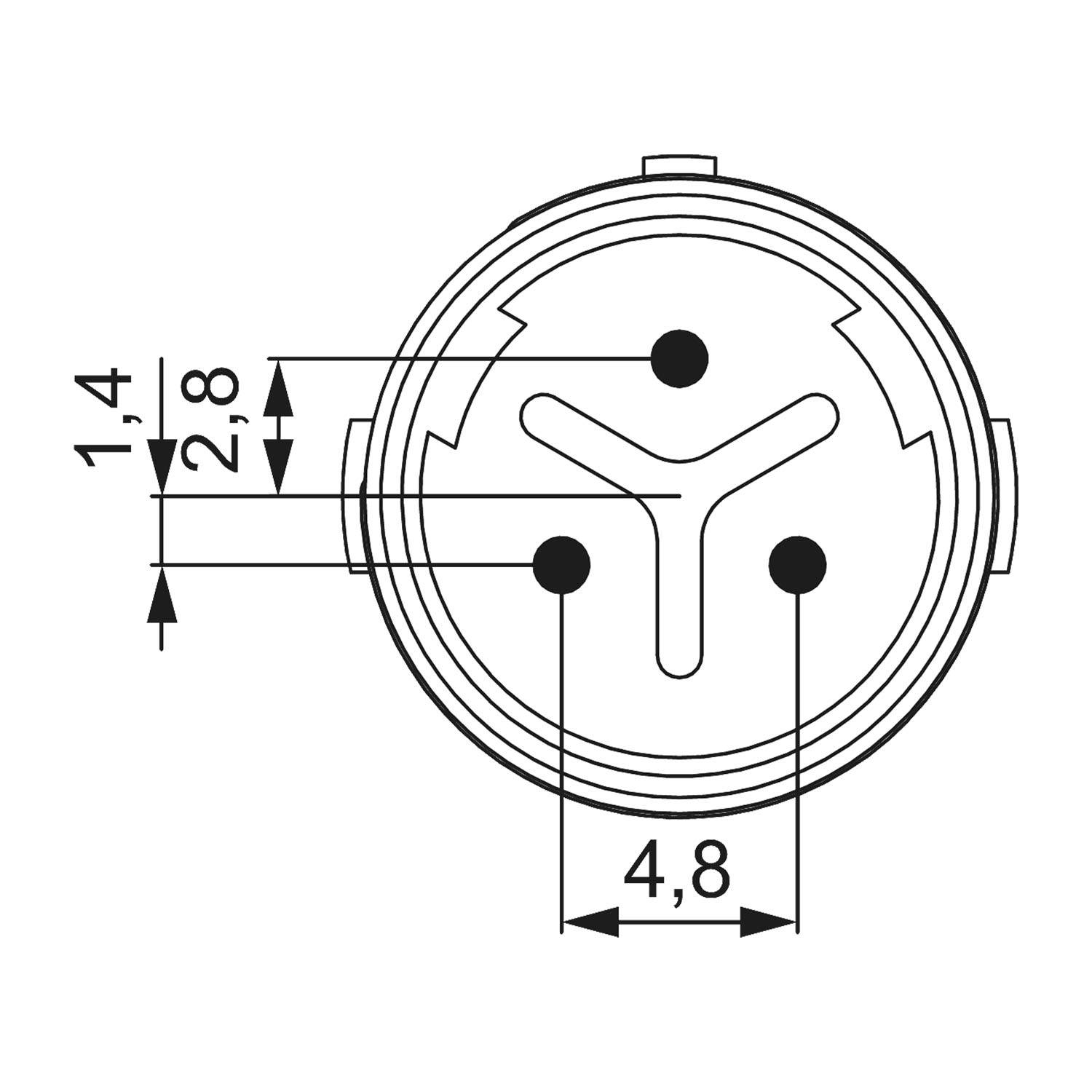 Diagramm eines 3-poligen elektrischen Steckverbinders. Es zeigt eine kreisförmige Struktur mit drei inneren Kontaktstiften, die in einer Y-Form angeordnet sind. Abmessungen markiert: 4,8 und 2,8 Einheiten breit, 1,4 Einheiten hoch.
