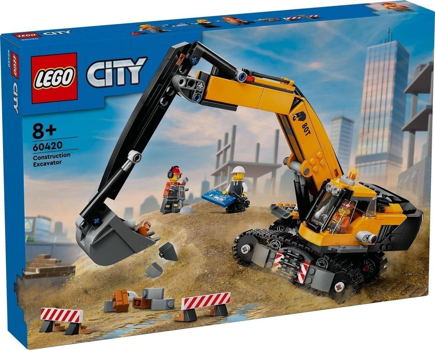 LEGO City 60420 Bagger-Set mit Verpackungsabbildung eines gelben Baggers, der Erde ausheben, zwei Arbeiter-Minifiguren und Bauzäune zeigend, ab 8 Jahren.