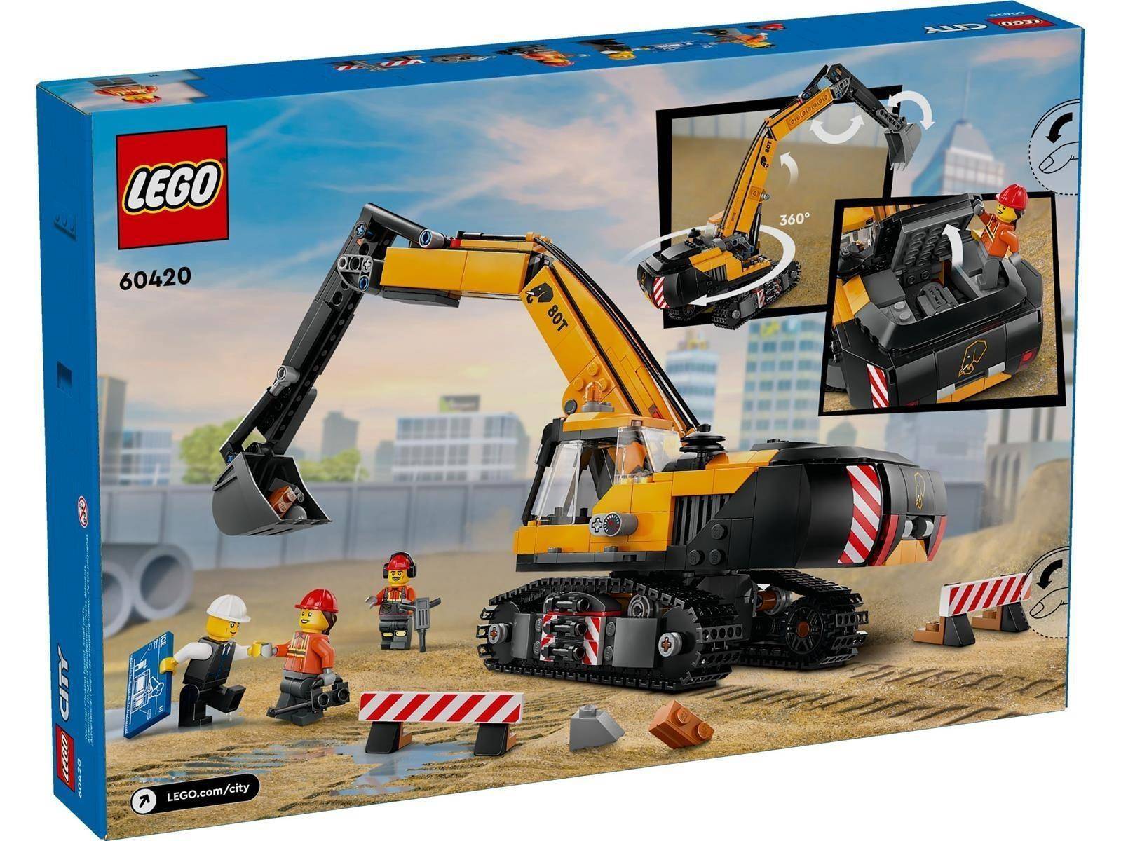 LEGO City Baggerset-Verpackung mit einer Raupenbagger mit drehbarem Arm, Schaufel und Minifiguren auf einer Baustelle