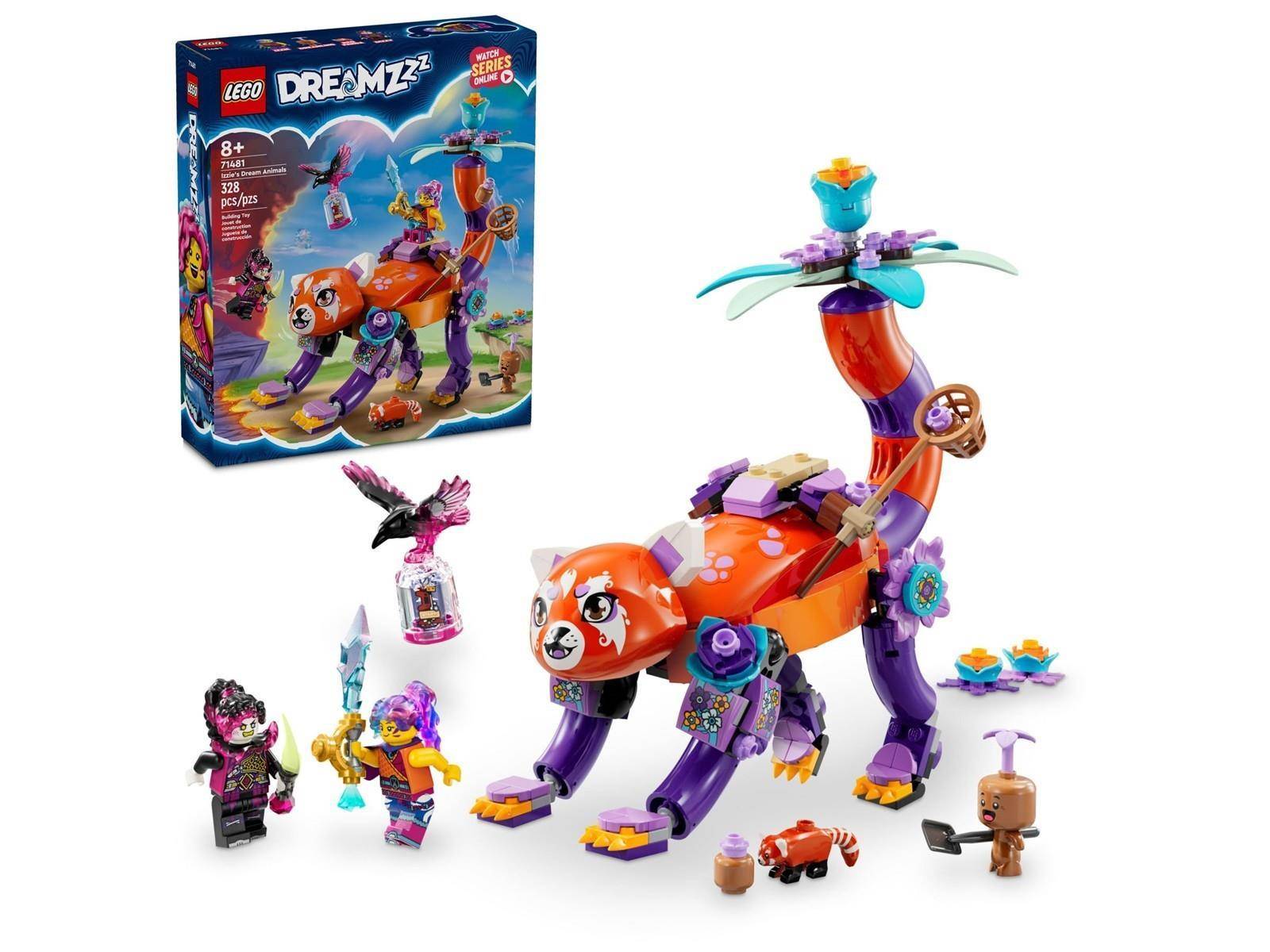 LEGO DREAMZzz Set mit einer farbenfrohen rot-orangen Kreatur und mehreren Minifiguren, gezeigt mit der Verpackungskunst und enthaltenen Zubehörteilen auf weißem Hintergrund.