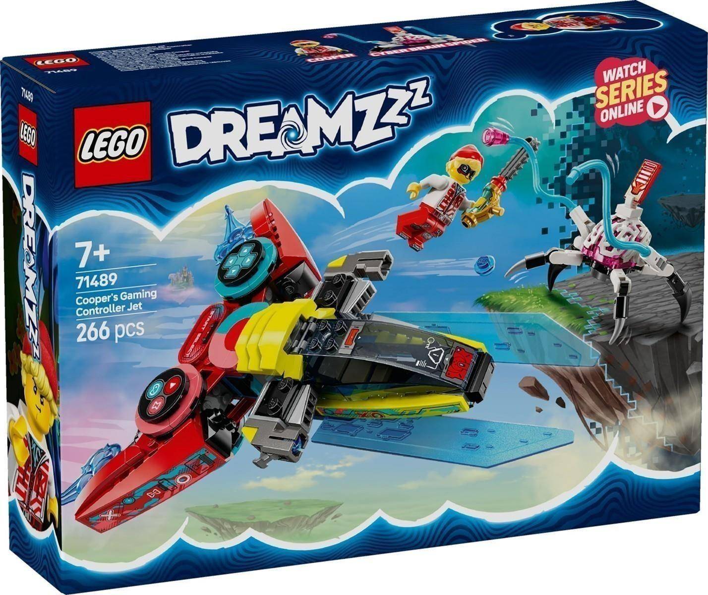 LEGO DREAMZzz Coopers Gaming-Controller Jet Packung, ab 7 Jahren, 266 Teile, mit rotem und schwarzem Jet sowie Fantasy-Charakteren auf der Verpackung.