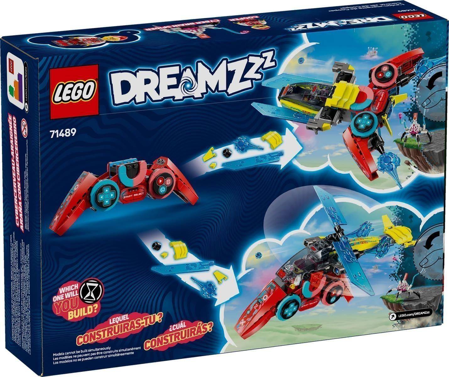 LEGO DREAMZzz Box für Set 71489 mit einem rot-blauen Flugfahrzeug, das in zwei alternative Formen umgebaut werden kann, mit Pfeilen, die die Umwandlung anzeigen.