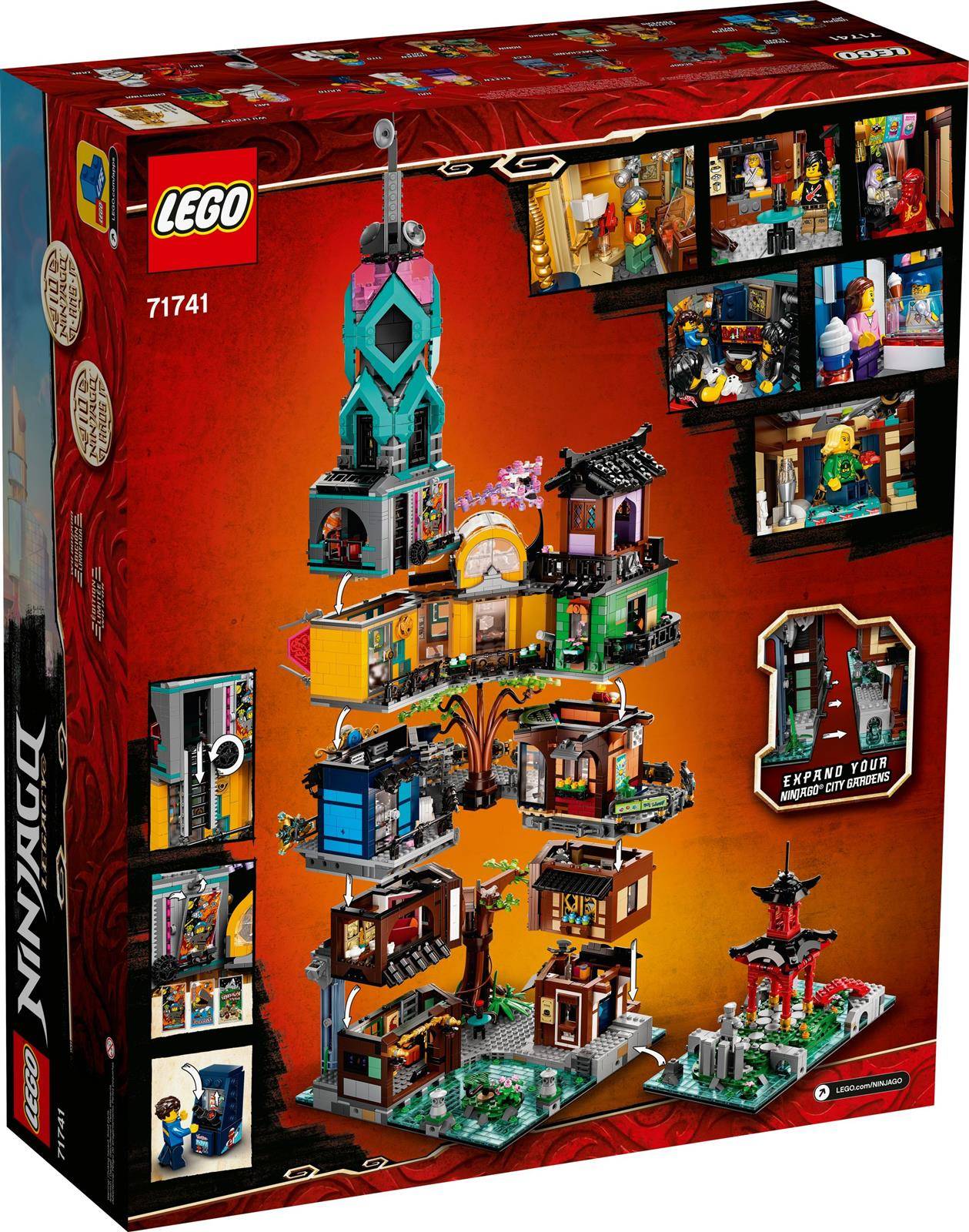 LEGO Ninjago City Gardens Set 71741 Verpackung zeigt ein mehrstöckiges Gebäude mit lebendigen Farben, detaillierten Räumen und Charakteren.