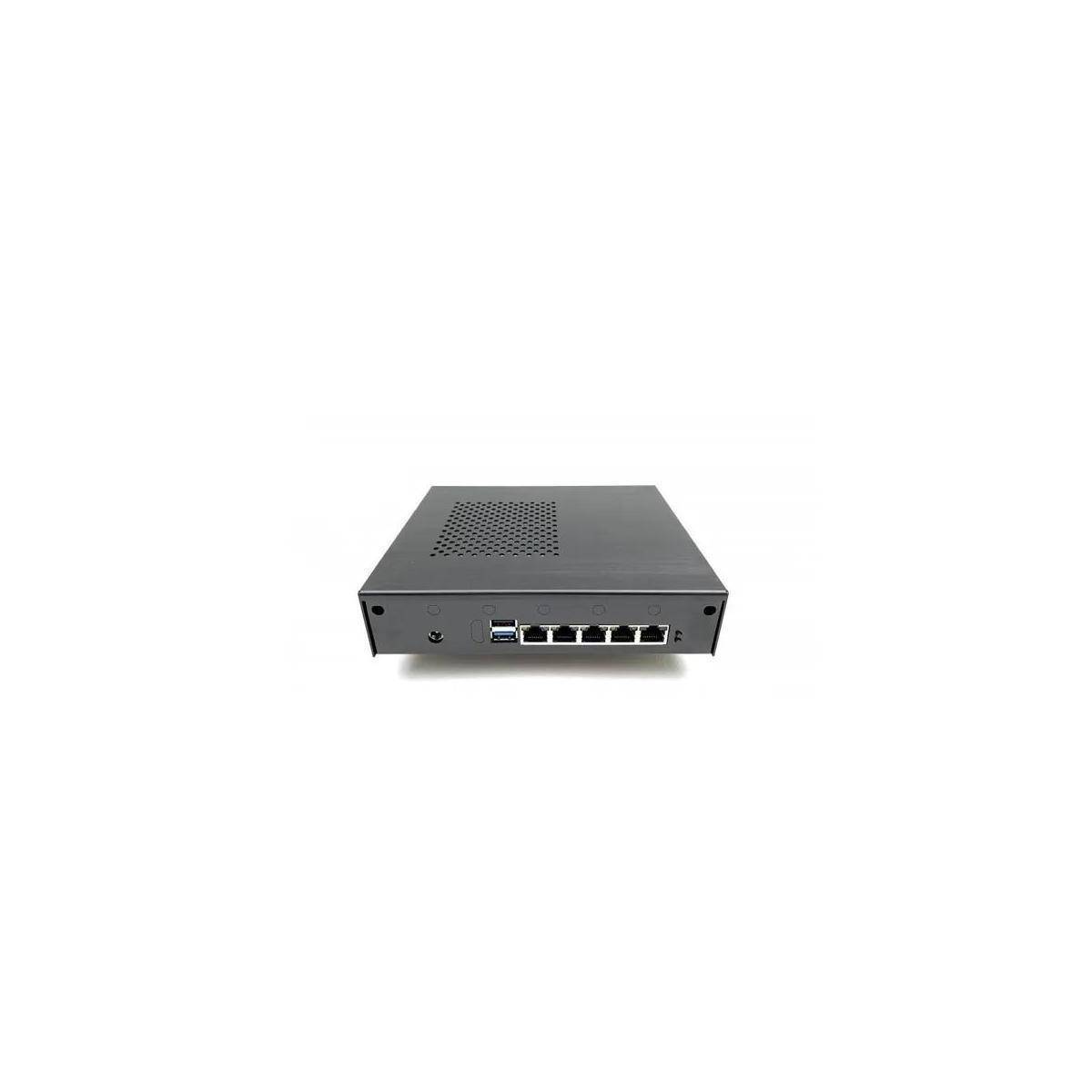 Ein kleines schwarzes elektronisches Gerät mit mehreren Ethernet-Anschlüssen und einem Einschaltknopf, das wahrscheinlich für Netzwerkverbindungen oder Routing verwendet wird.