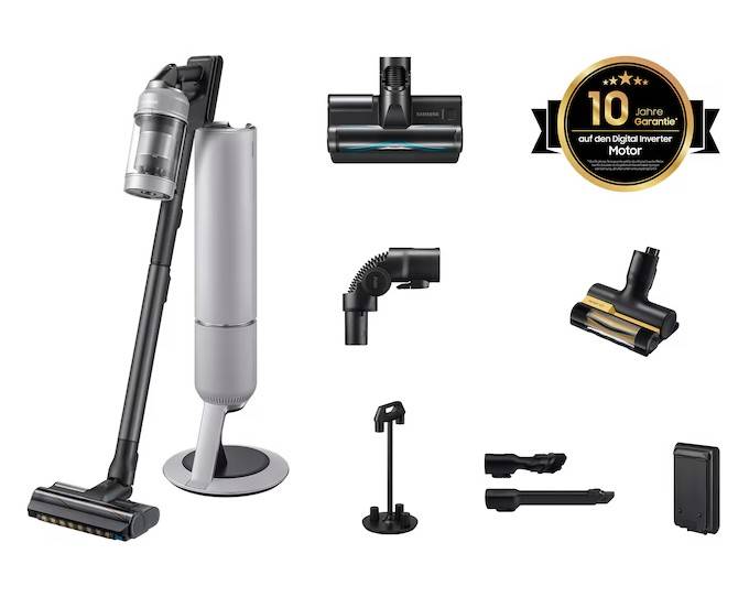 Ein schwarzer und grauer Staubsauger mit mehreren abnehmbaren Aufsätzen ist abgebildet. Ein Abzeichen weist auf eine '10 Jahre Garantie auf den Digital Inverter Motor' hin.