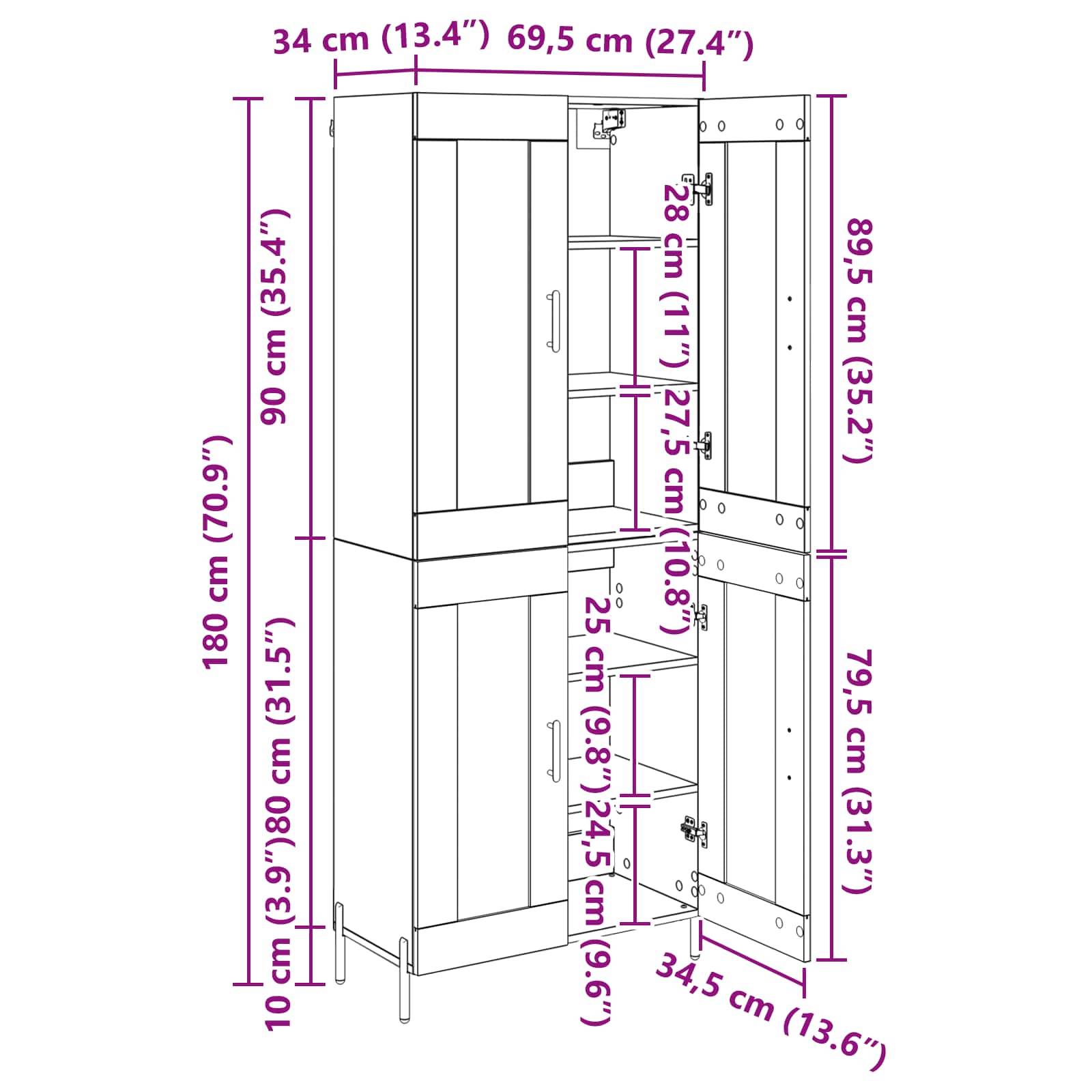 Zeichnung eines Schranks mit offenen Türen, die Maße in Zentimetern und Zoll anzeigt. Gesamthöhe beträgt 180 cm (70,9