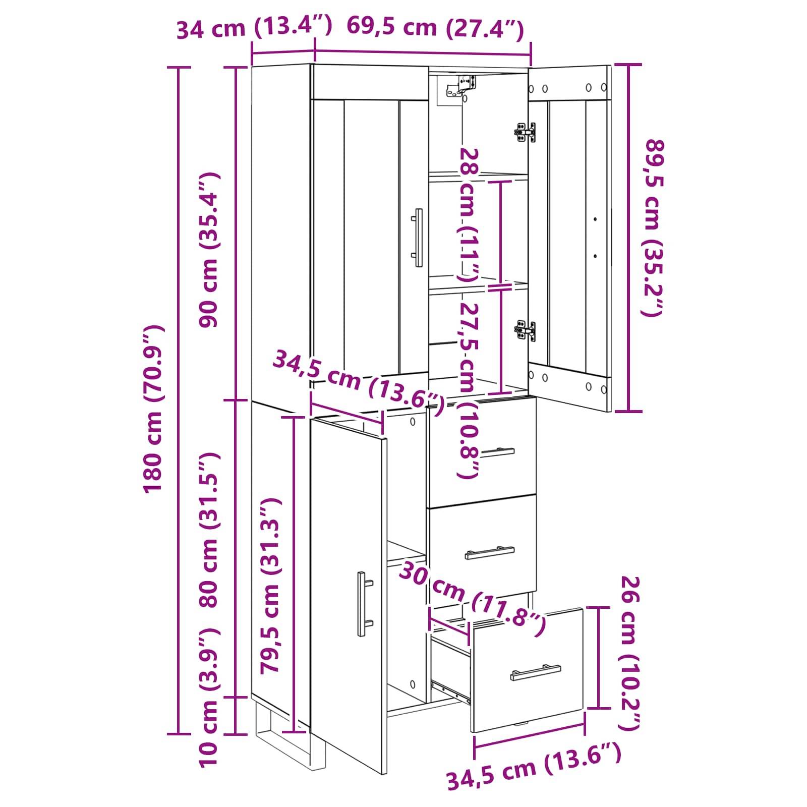 Eine Skizze eines hohen Schranks mit folgenden Abmessungen: 180 cm hoch, 90 cm breit, 34,5 cm tief. Beinhaltet Regale, Schubladen und Türen.