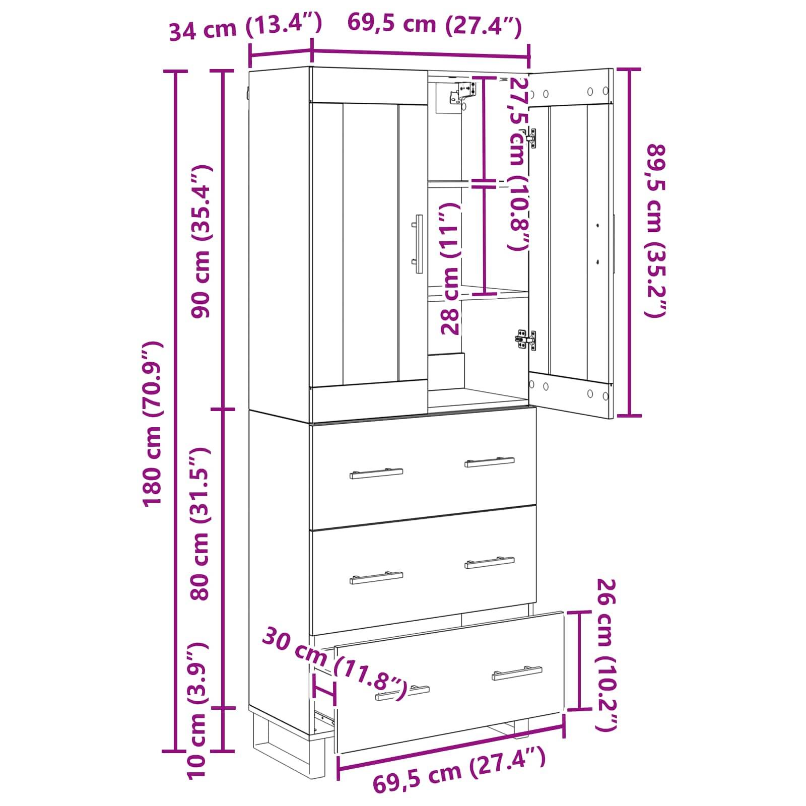 Eine technische Zeichnung eines Schranks mit Maßangaben: Höhe 180 cm, Breite 69,5 cm, Tiefe 34 cm. Ausgestattet mit zwei Türen und drei Schubladen.