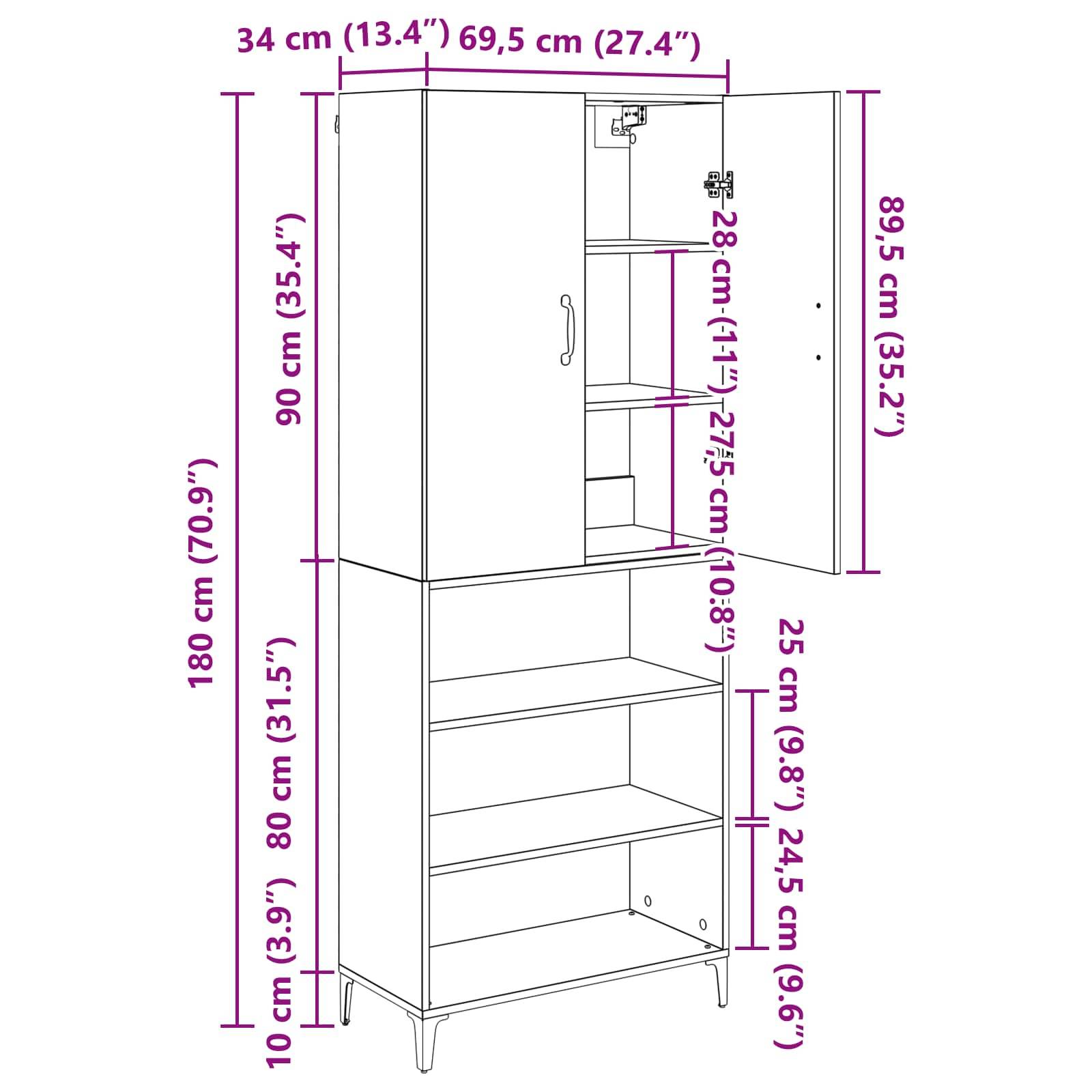 Eine Skizze eines Schranks mit Abmessungen: Breite 69,5 cm, Tiefe 27 cm, Höhe 180 cm. Enthält Regal- und Abteilungsmessungen.