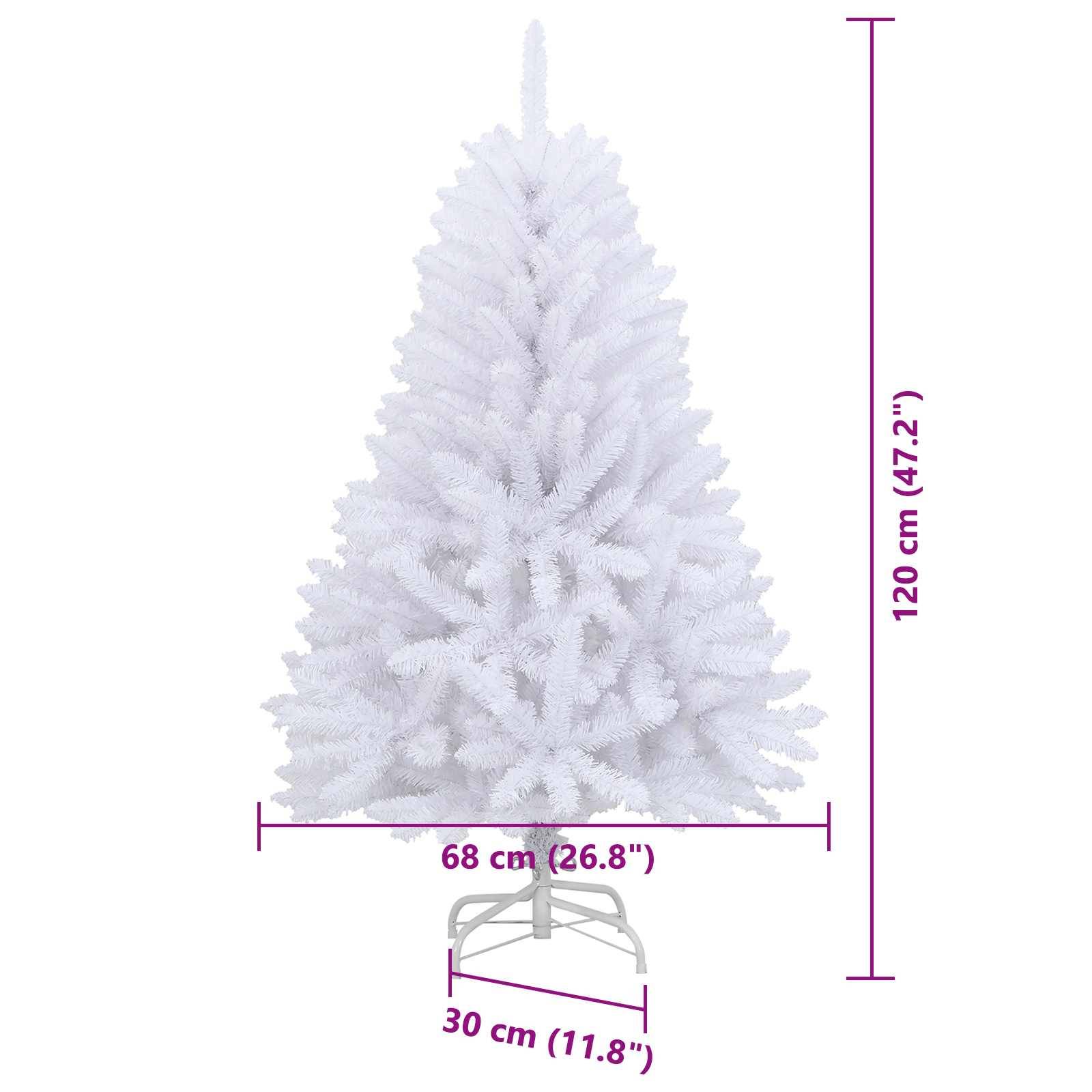 Ein weißer künstlicher Weihnachtsbaum mit einer Höhe von 120 cm, einer Breite von 68 cm und einer Tiefe von 30 cm, montiert auf einem Metallständer.