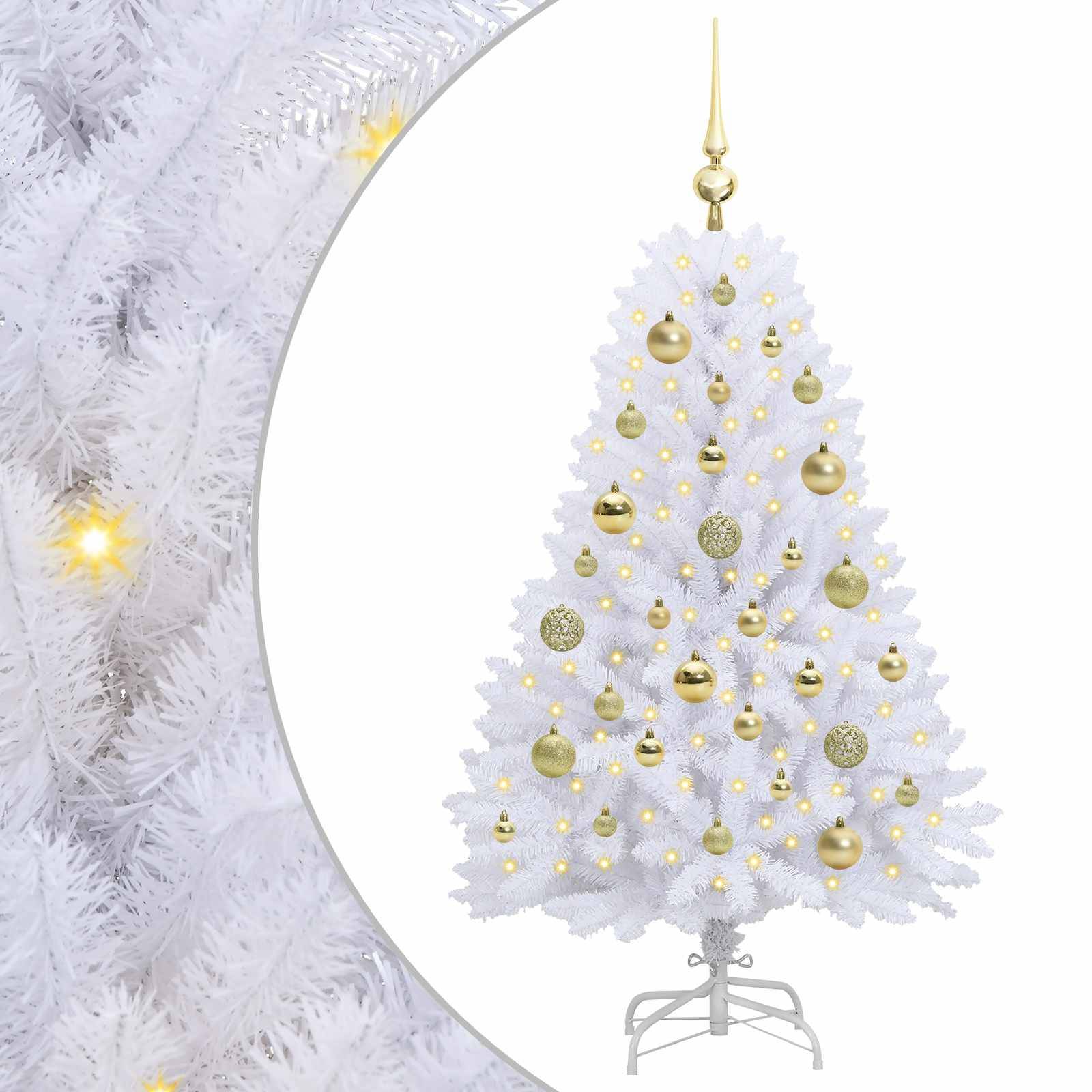 Ein weißer Weihnachtsbaum, geschmückt mit gold- und silberfarbenen Kugeln und bekrönt von einem goldenen Stern, vor einem schlichten weißen Hintergrund.