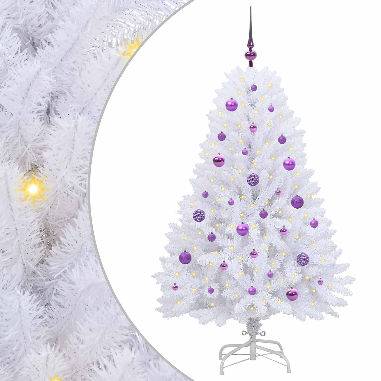 Ein weißer künstlicher Weihnachtsbaum, geschmückt mit violetten und silbernen Kugeln, beleuchtet von warmgelben Lichtern, auf einem Metallständer.