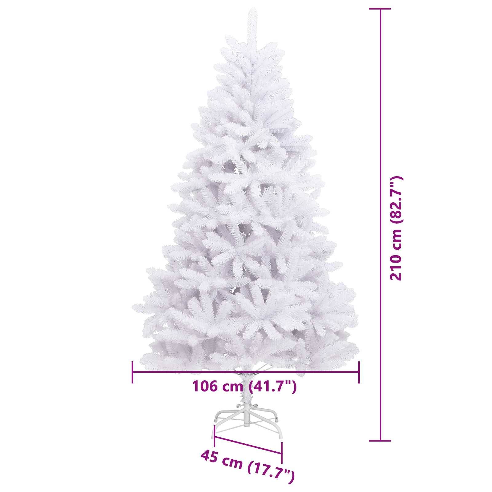 Weißer Weihnachtsbaum mit Abmessungen: Höhe 210 cm (82,7"), Breite 106 cm (41,7""), Basisbreite 45 cm (17,7"").