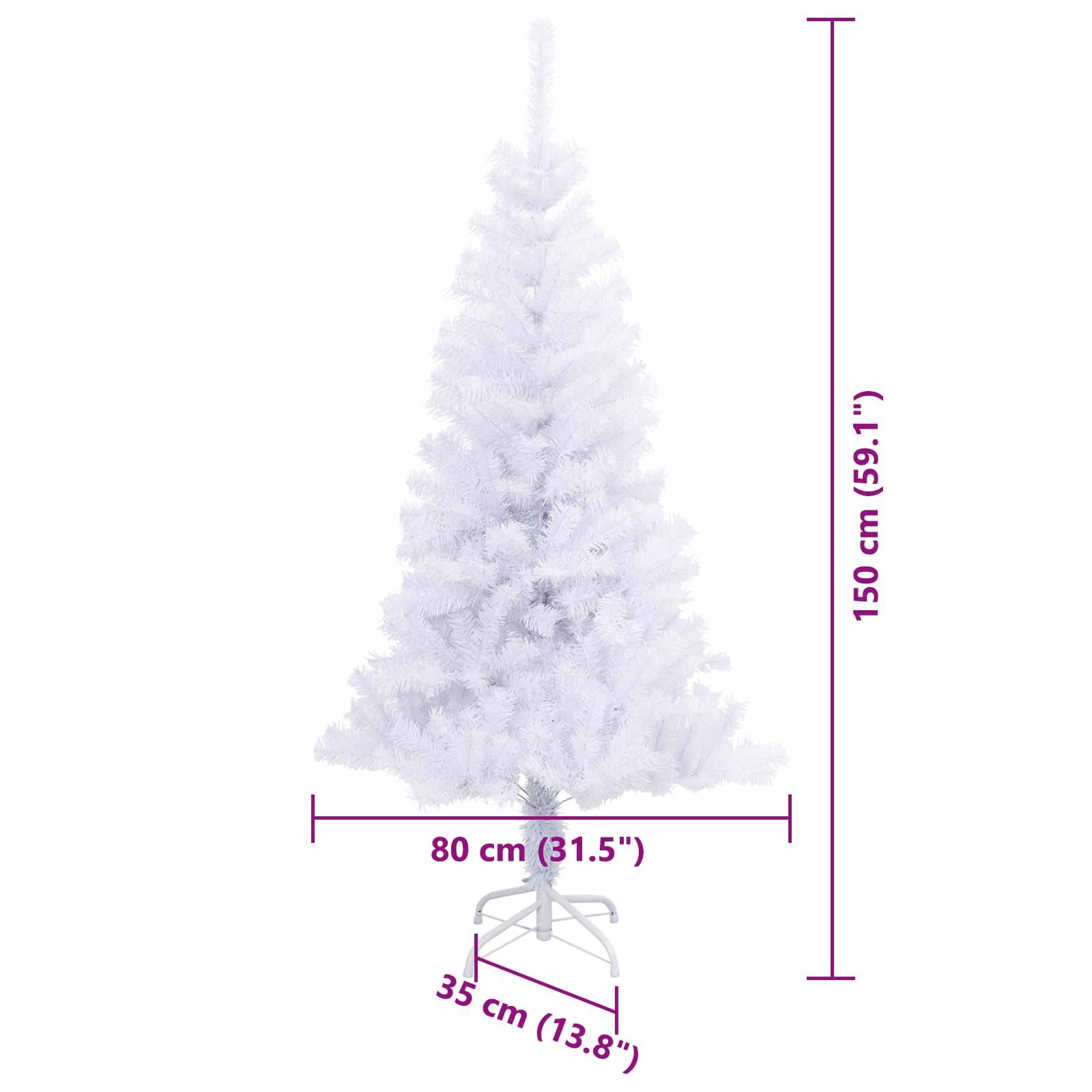 Das Bild zeigt einen weißen Weihnachtsbaum mit beschrifteten Abmessungen: Höhe 150 cm (59,1 Zoll) und Breite 80 cm (31,5 Zoll).