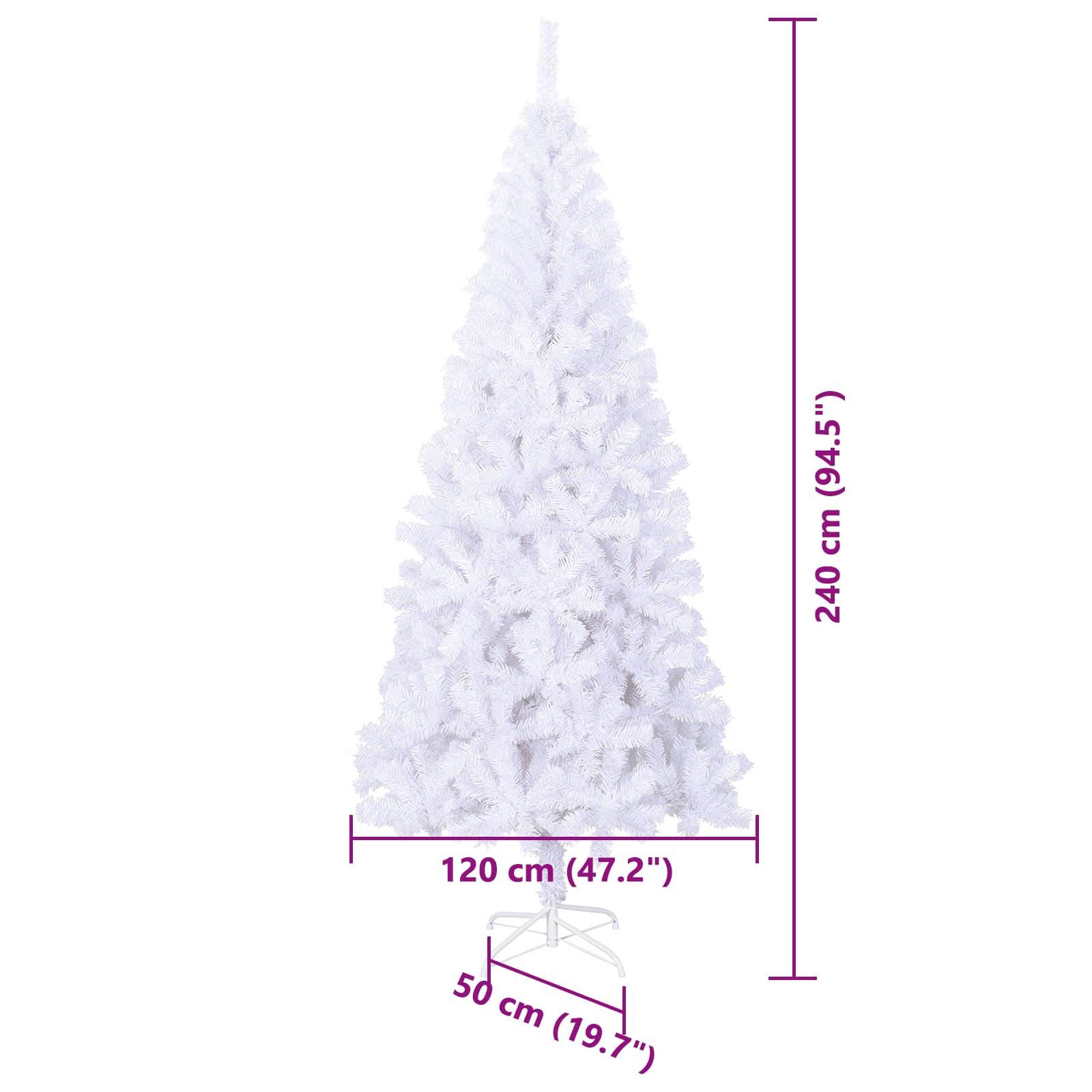 Ein weißer künstlicher Weihnachtsbaum mit beschrifteten Abmessungen: Höhe 240 cm (94,5
