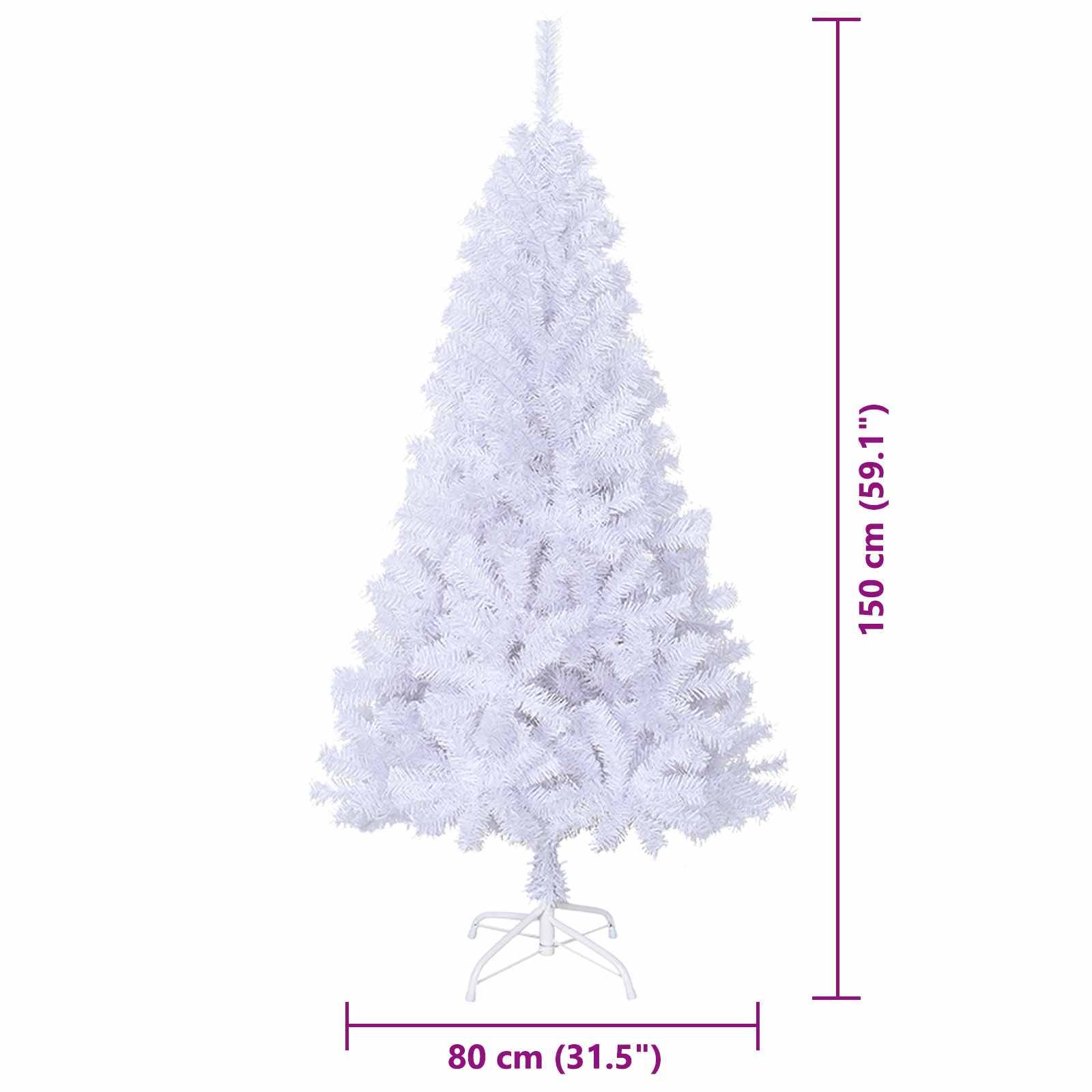 Weißer künstlicher Weihnachtsbaum mit einer stabilen Basis, misst 150 cm (59,1 Zoll) in der Höhe und 80 cm (31,5 Zoll) in der Breite.