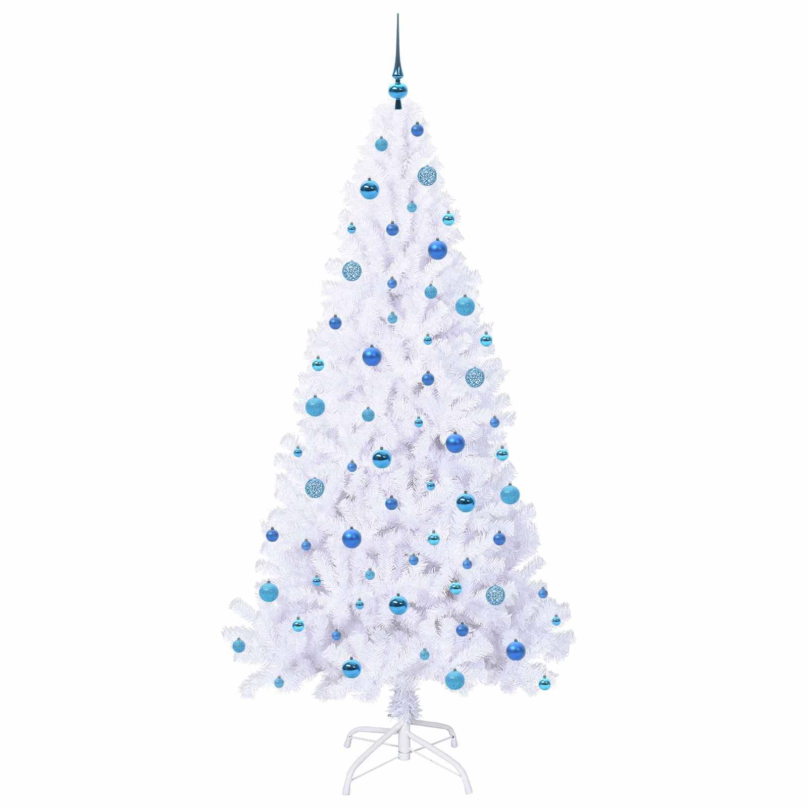 Ein weißer künstlicher Weihnachtsbaum, der mit blauen Kugeln geschmückt ist, steht auf einem weißen Ständer vor einem einfarbigen Hintergrund.