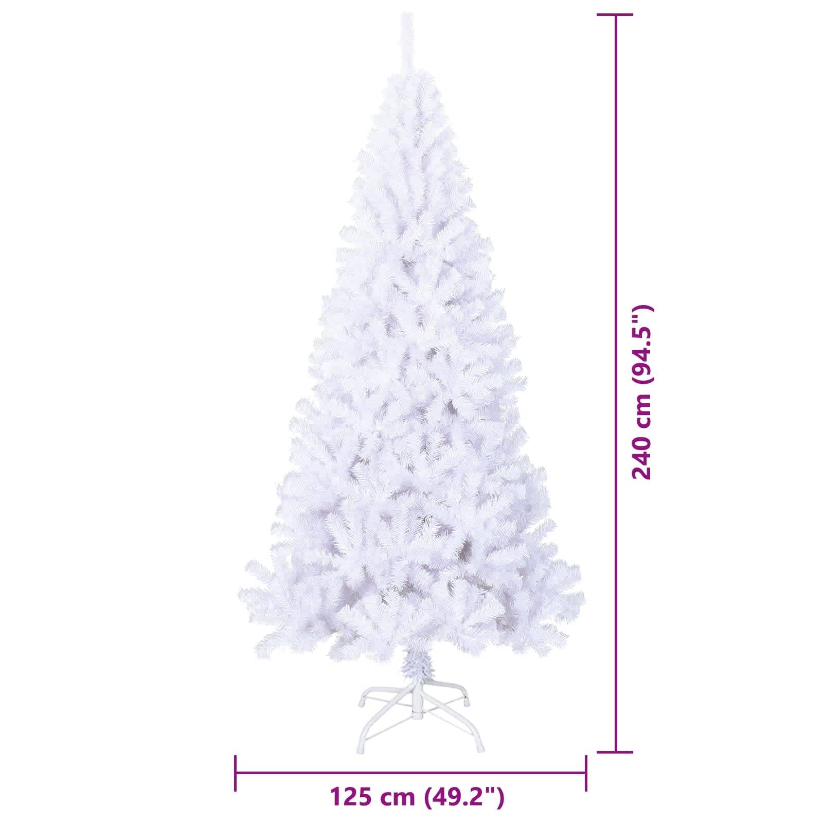 Weißer künstlicher Weihnachtsbaum, 240 cm hoch und 125 cm breit, auf einem Ständer.