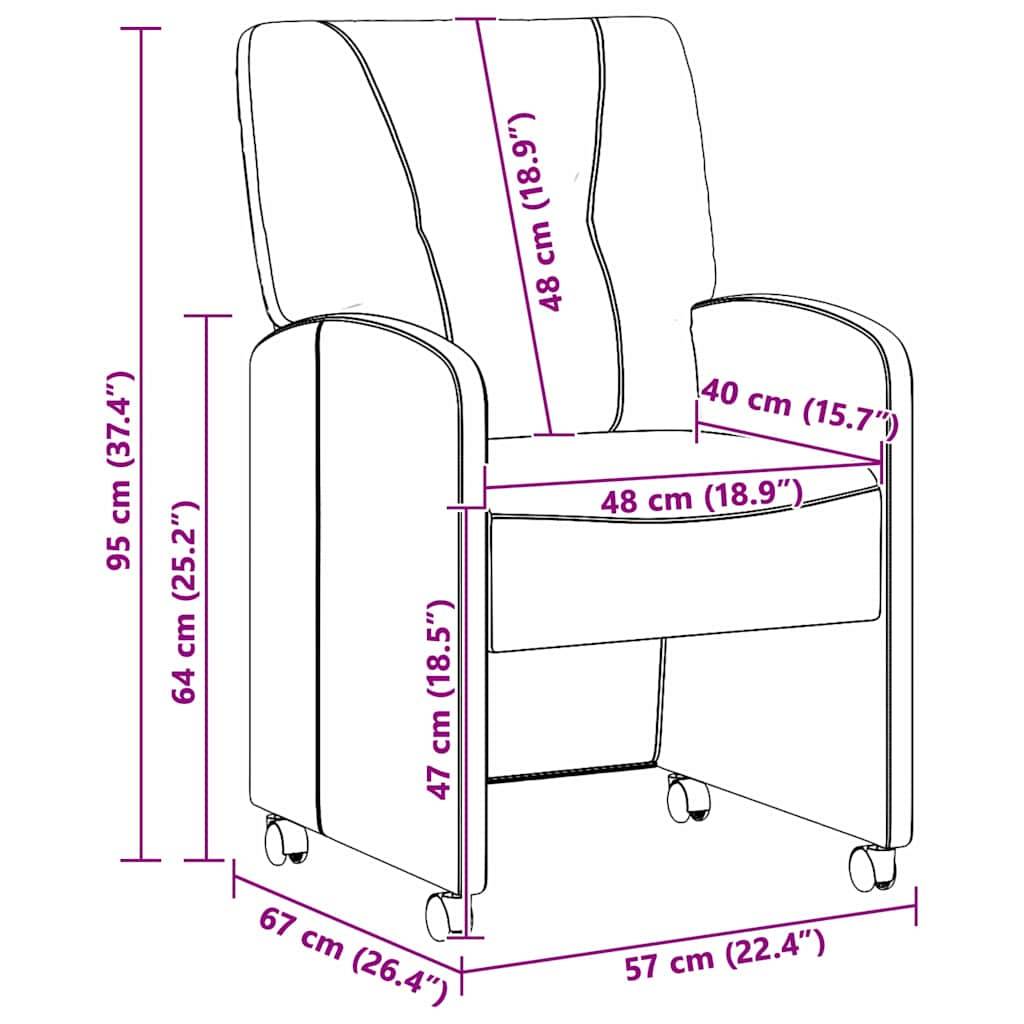 Eine Illustration eines Stuhls mit Abmessungen: Höhe 95 cm, Sitzhöhe 47 cm, Rückenlehne 48 cm, Breite 67 cm, Tiefe 57 cm, Armlehne 64 cm.