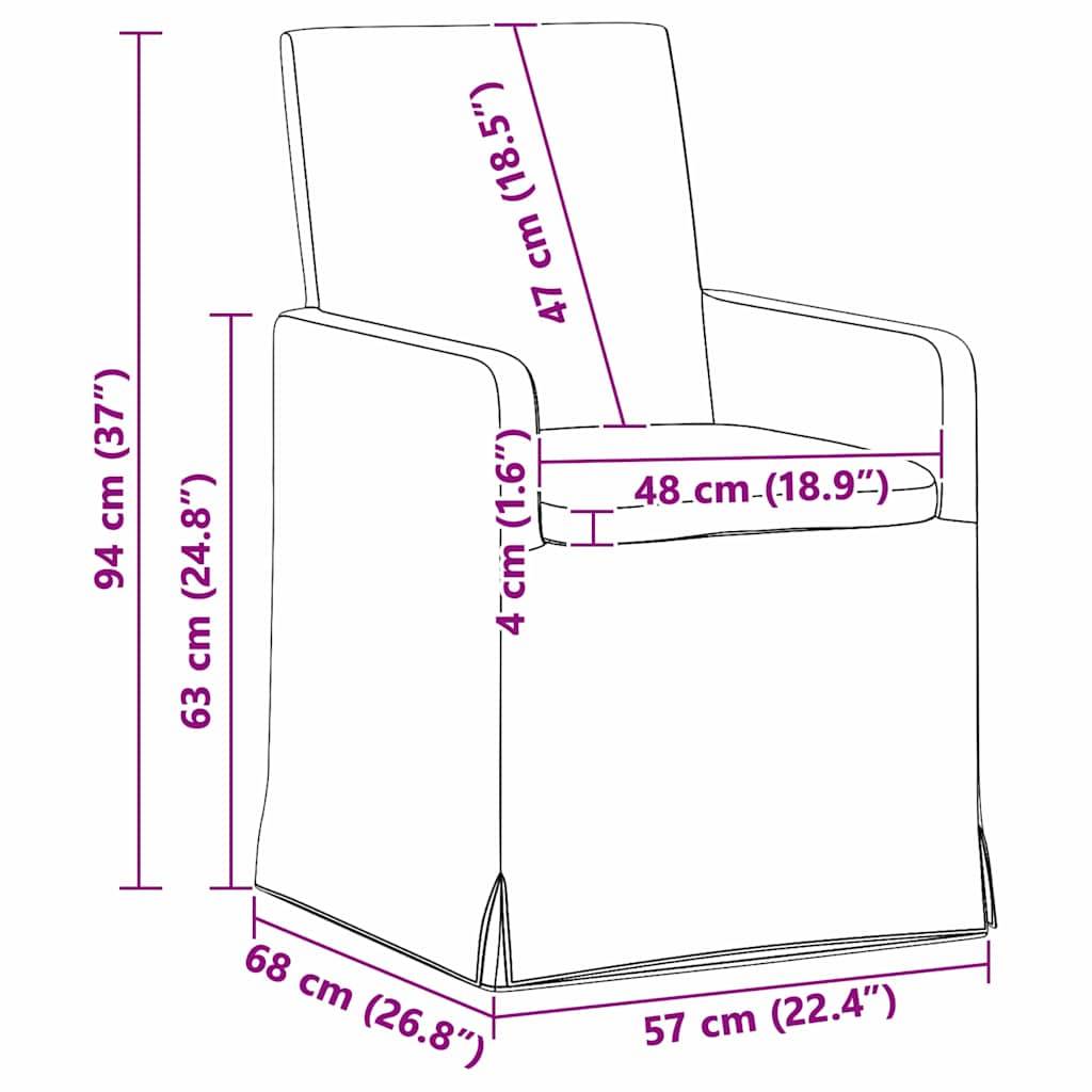 Eine Linienzeichnung eines Stuhls mit Abmessungen: Höhe 94 cm, Sitzhöhe 47 cm, Sitzbreite 48 cm, Tiefe 68 cm und Breite 57 cm.