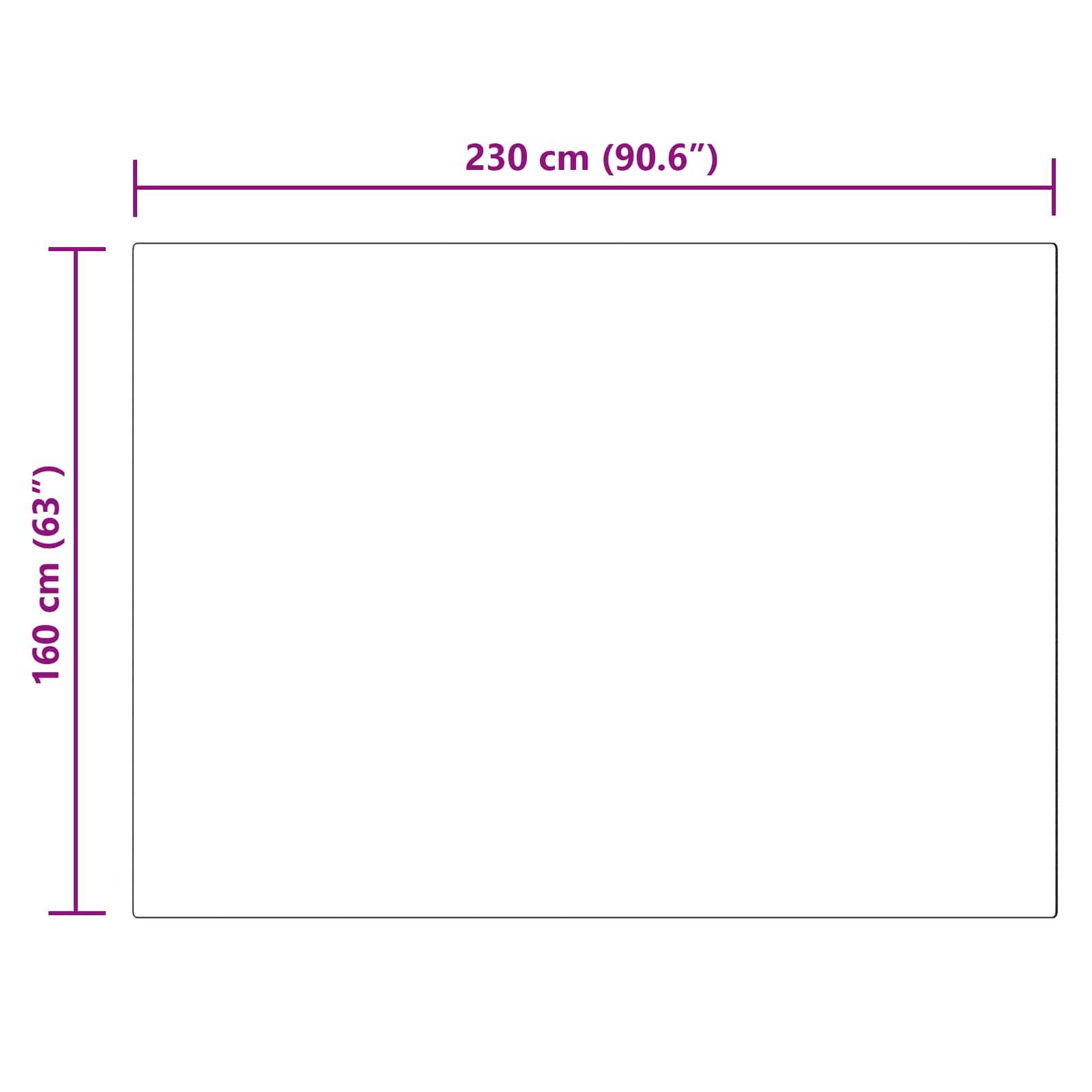 Ein rechteckiges Blatt mit einer Breite von 230 cm und einer Höhe von 160 cm wird dargestellt, wobei die Abmessungen sowohl in Zentimetern als auch in Zoll beschriftet sind.