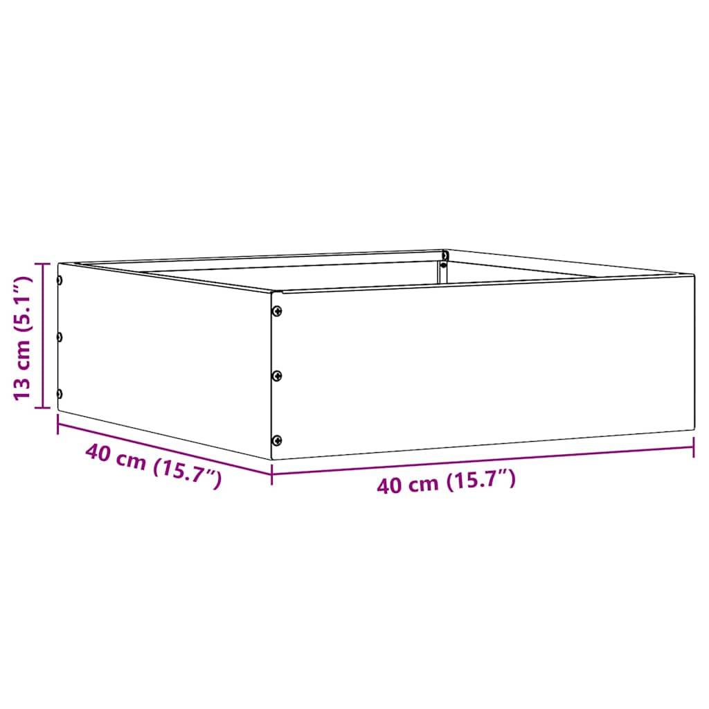 Ein Diagramm einer rechteckigen Box mit den Abmessungen: 40 cm (15,7 Zoll) mal 40 cm (15,7 Zoll) und einer Höhe von 13 cm (5,1 Zoll).