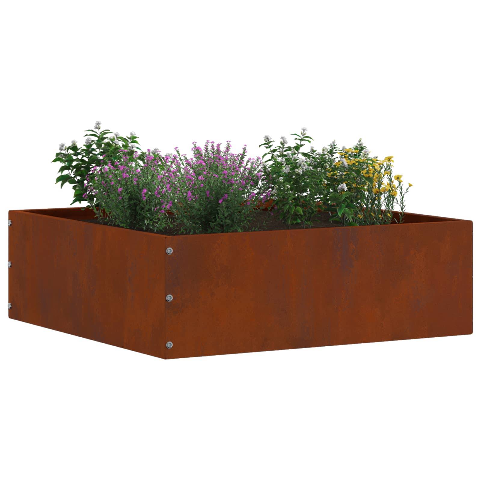 Ein rostfarbener Metallkübel gefüllt mit einer Vielzahl von Blütenpflanzen, darunter violette, rosa und gelbe Blüten.