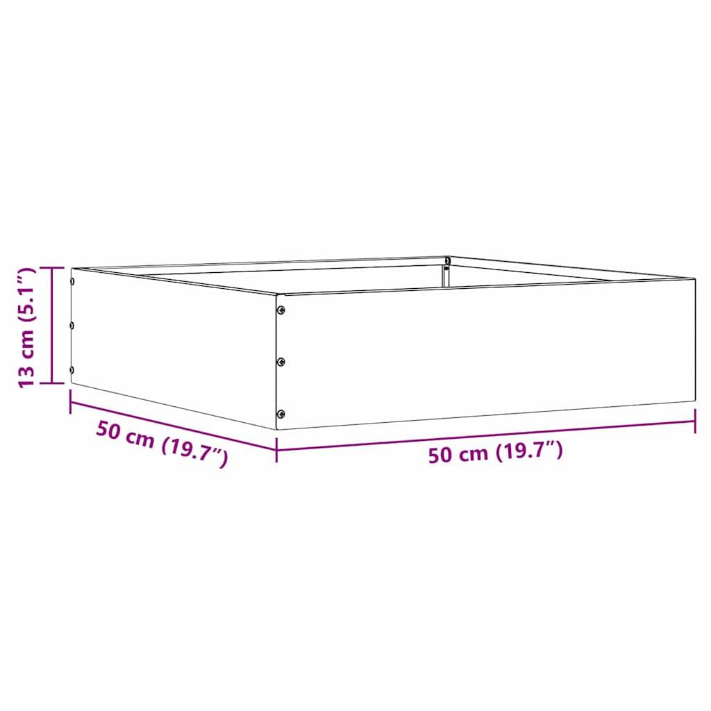 Rechteckige Kiste Diagramm mit Abmessungen: 50 cm (19,7") Länge, 50 cm (19,7"") Breite, 13 cm (5,1"") Höhe.