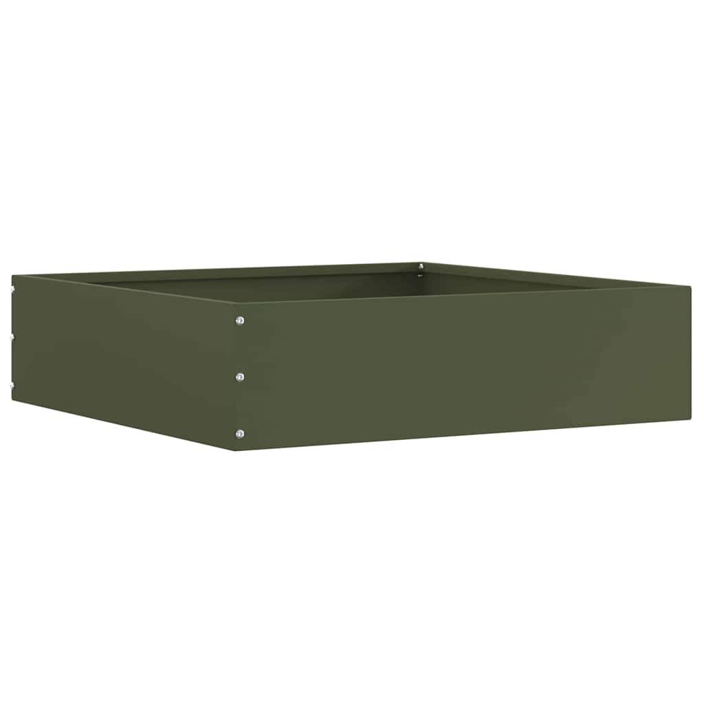 Eine grüne, quadratische Metallpflanzbox mit minimalistischem Design, die seitlich Nietnähte aufweist. Ideal für Gärten oder Terrassen.