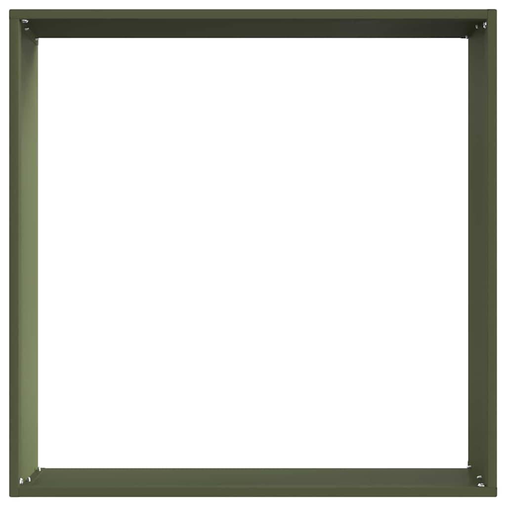 Ein quadratischer, olivgrüner Metallrahmen mit einem schlichten, weißen Hintergrund, der mit Schrauben an jeder Ecke befestigt ist.